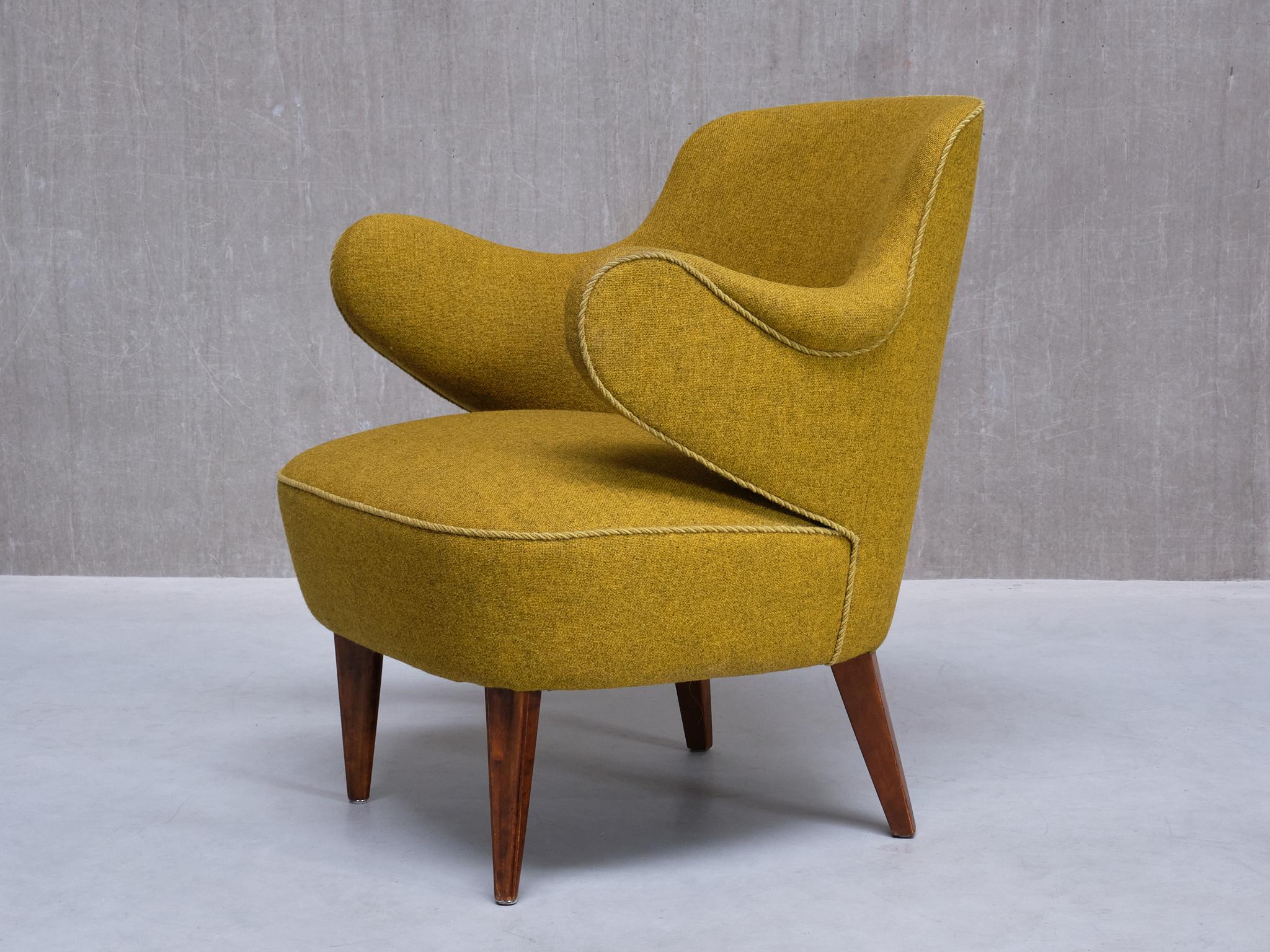Fabric Set of 3 Gustaf Axel Berg Attributed Armchairs, Birch and Chartreuse Wool, 1940s For Sale