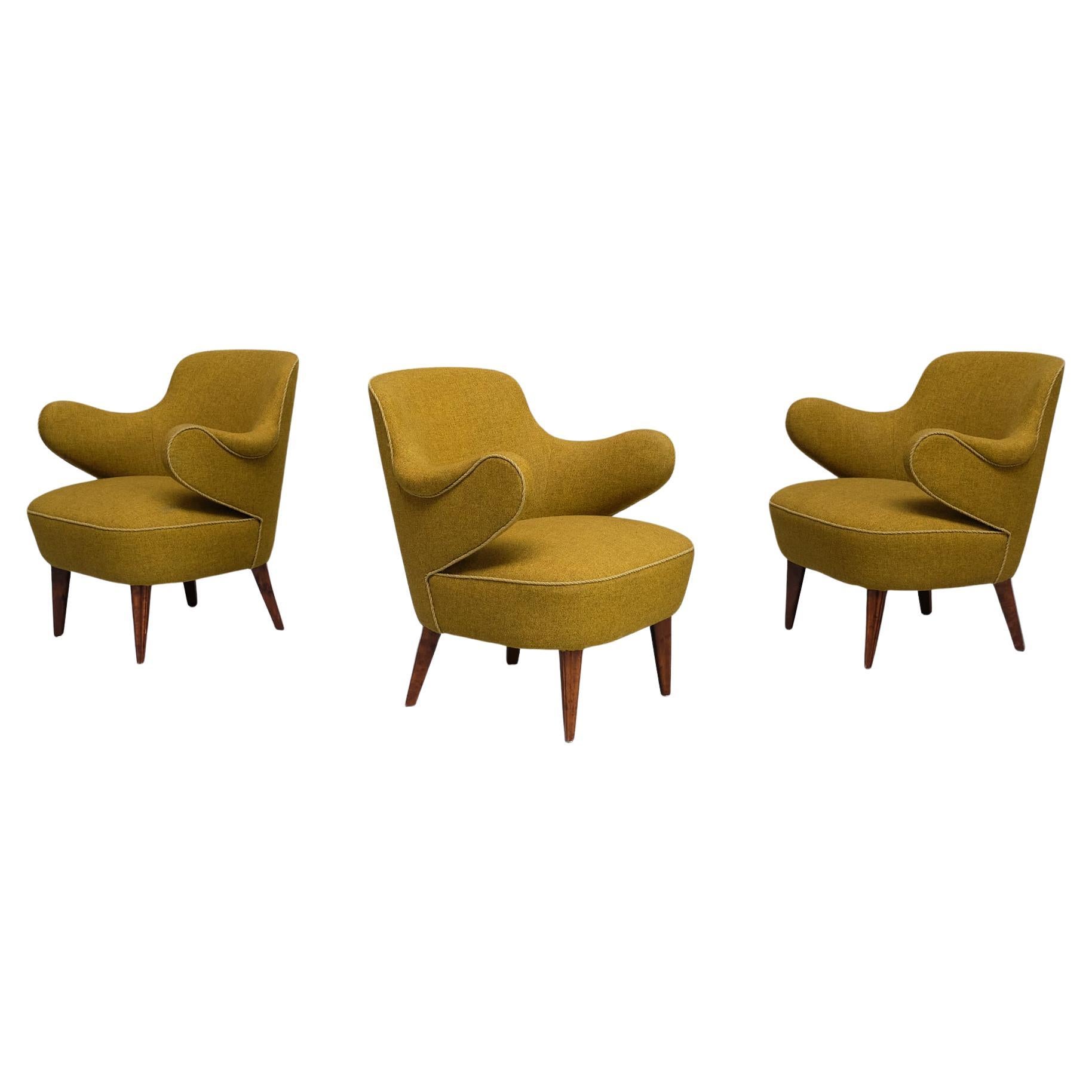 Set of 3 Gustaf Axel Berg Attributed Armchairs, Birch and Chartreuse Wool, 1940s