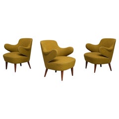 Set of 3 Gustaf Axel Berg Attributed Armchairs, Birch and Chartreuse Wool, 1940s
