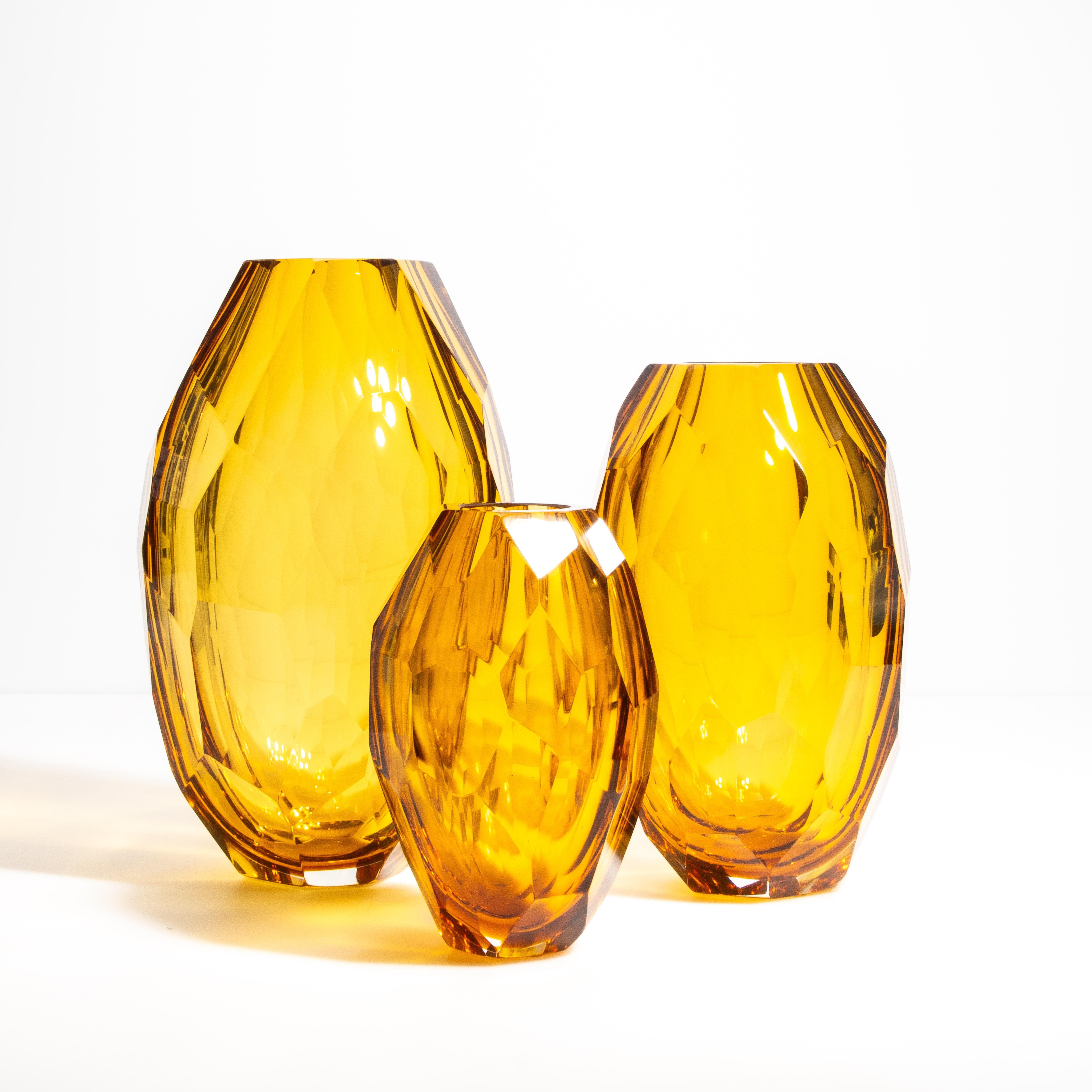 Modern Set of 3 Hand Blown Murano Faceted Vases in Amber For Sale