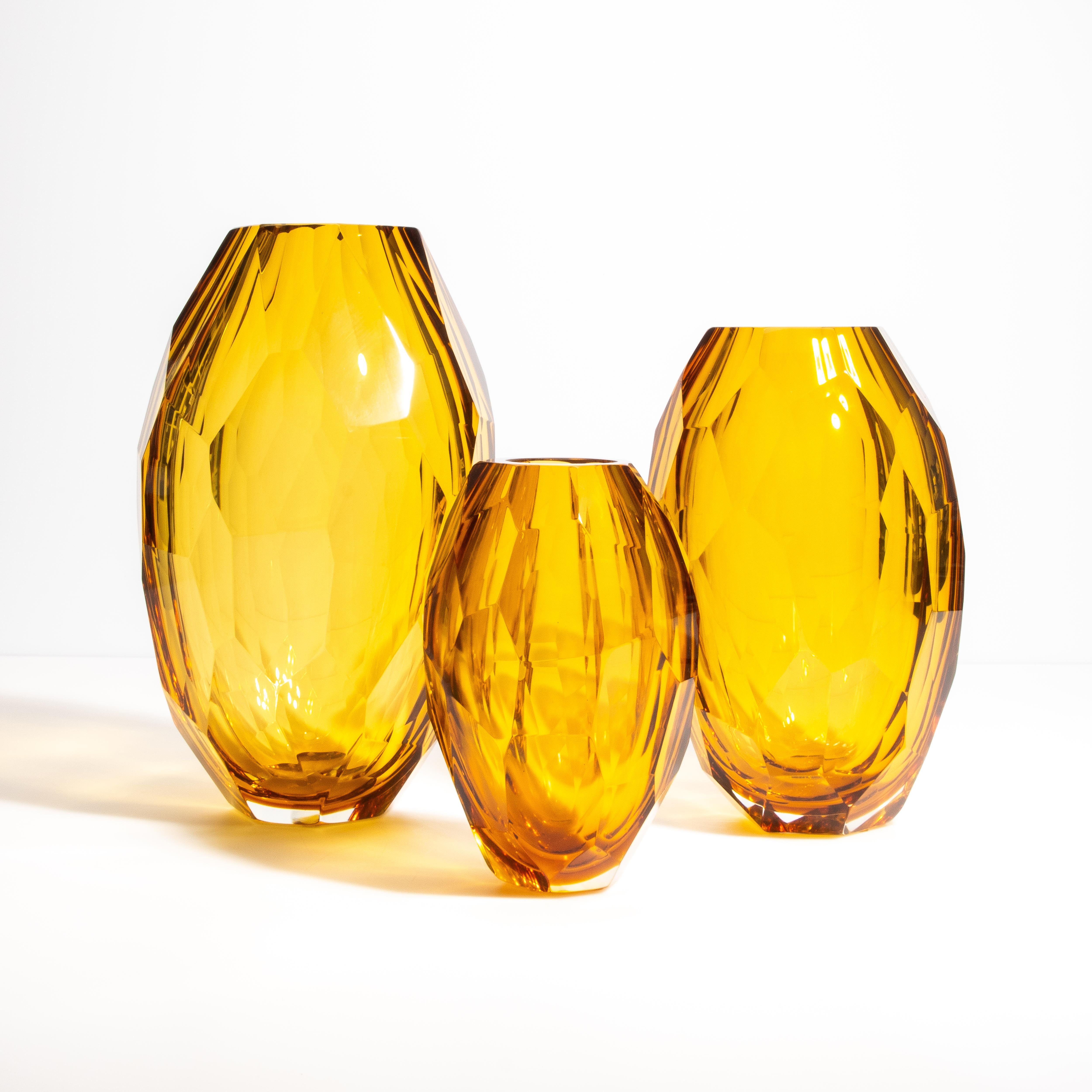 Italian Set of 3 Hand Blown Murano Faceted Vases in Amber For Sale