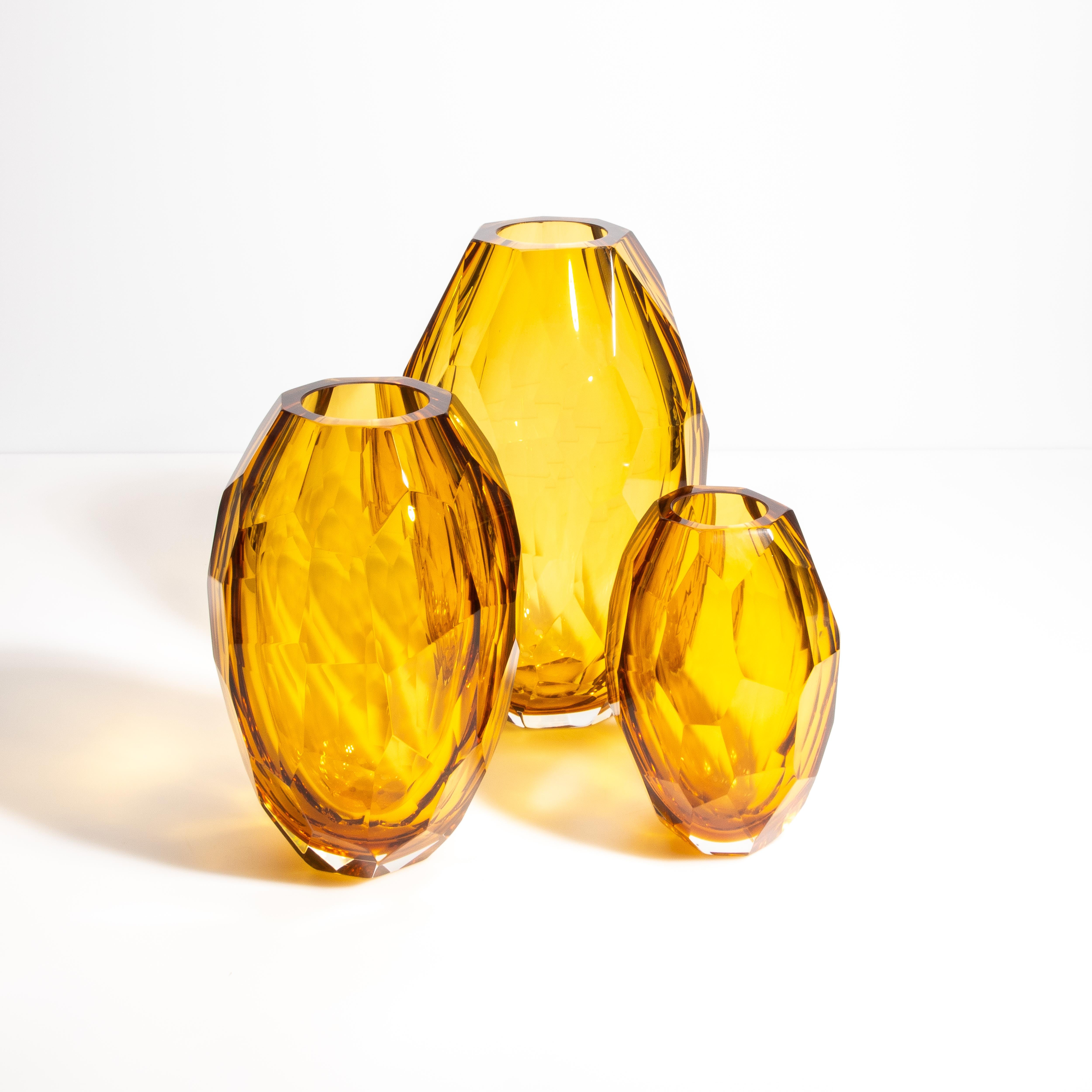 Contemporary Set of 3 Hand Blown Murano Faceted Vases in Amber For Sale