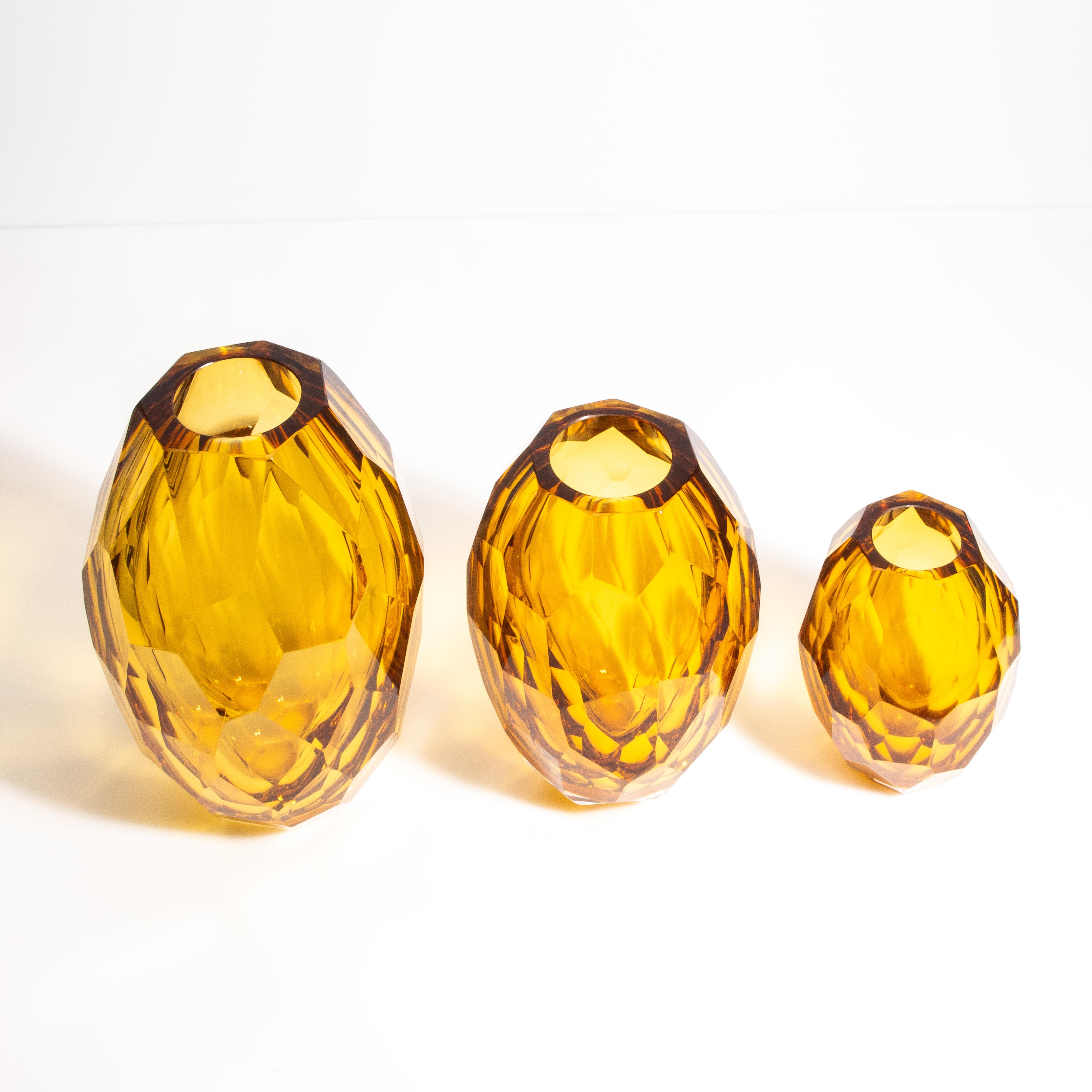 Murano Glass Set of 3 Hand Blown Murano Faceted Vases in Amber For Sale