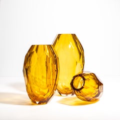 Set of 3 Hand Blown Murano Faceted Vases in Amber