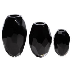 Set of 3 Hand Blown Murano Faceted Vases in Onyx Black