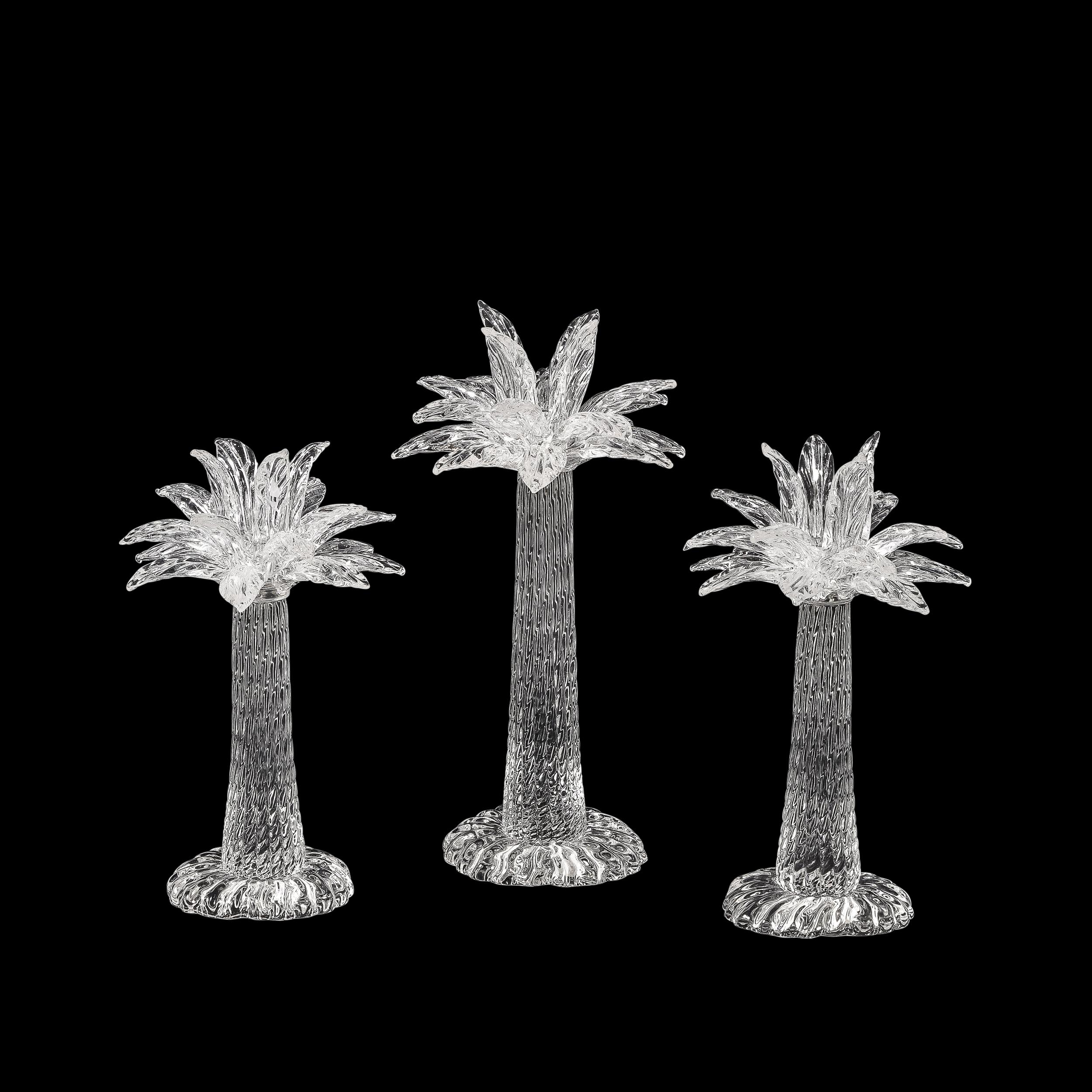 This beautifully made Set of Three Hand-Blown Murano Glass Palm Tree Candleholders are by Archimede Seguso for Tiffany and Co. and originate from Italy during the latter half of the 20th Century. Hand-blown in translucent glass with stunning crimped