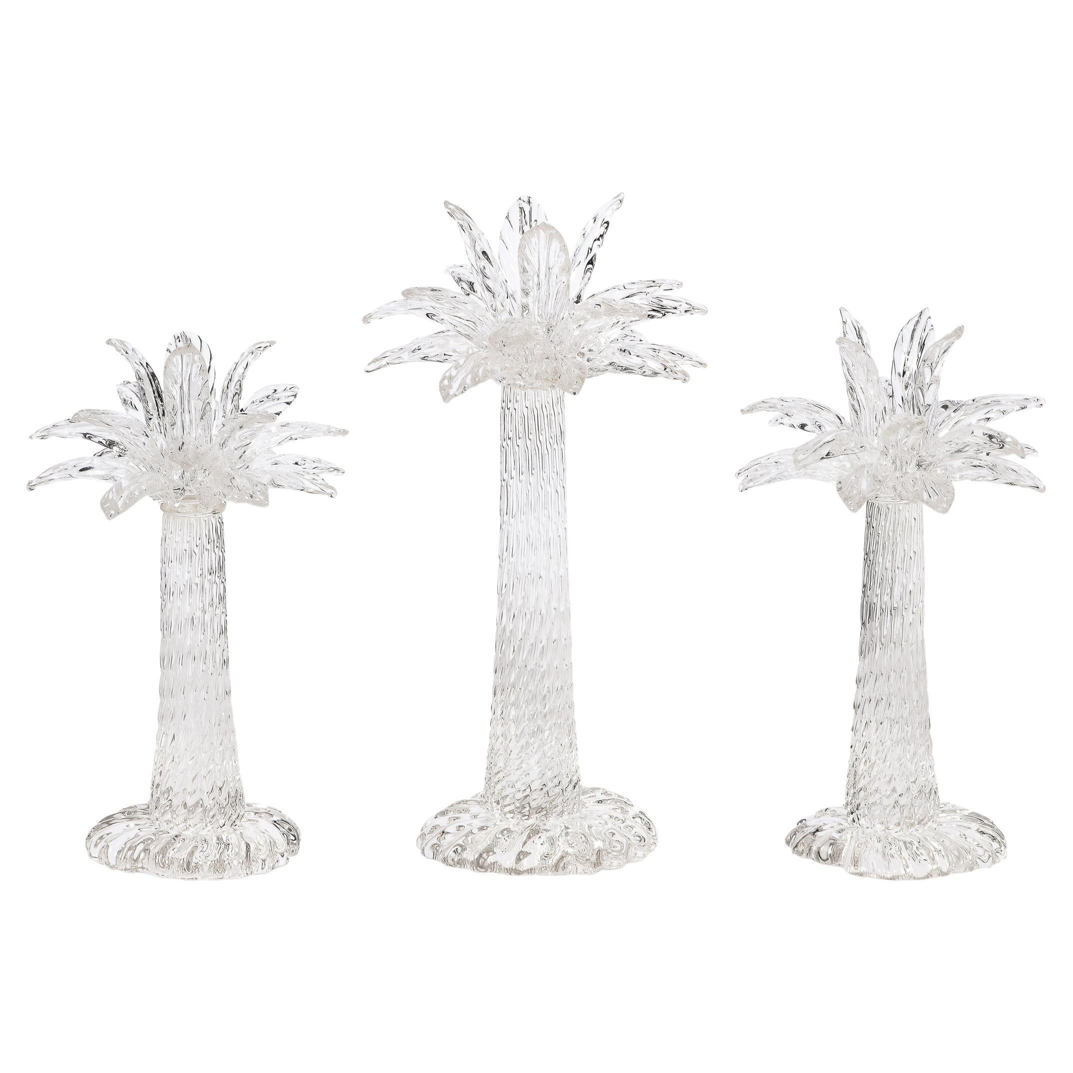 Set of 3 Hand-Blown Murano Glass Palm Tree Candleholders by Seguso for Tiffany 