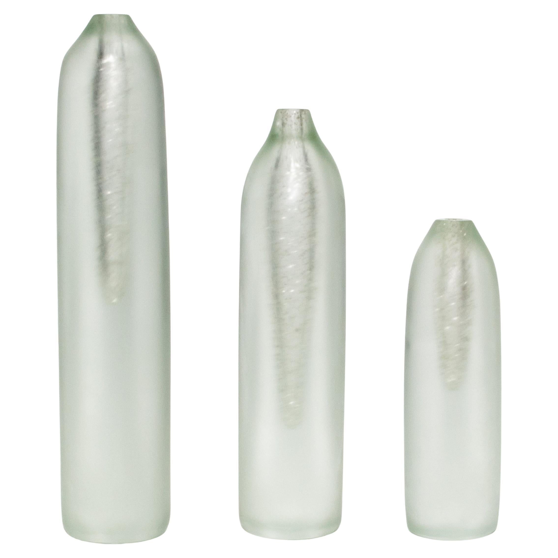 Set of 3 Hand Blown Murano Voda Vases / Bottles in Frosted Silver