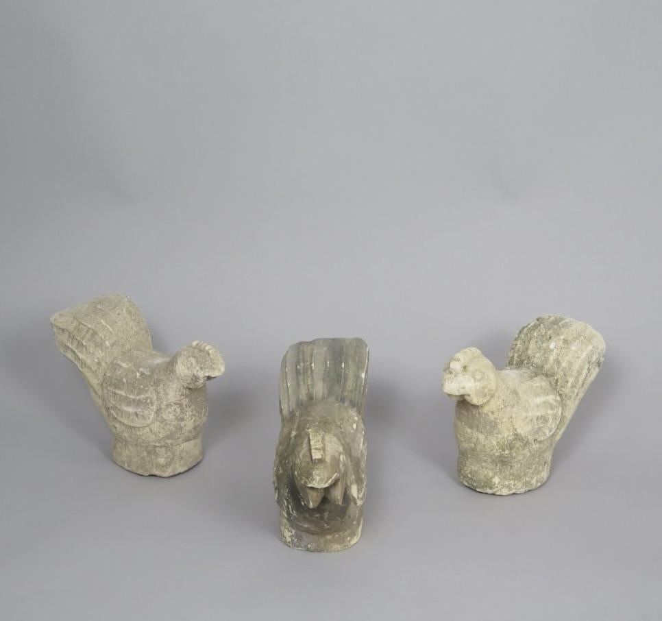 Early 20th Century Set of 3 Hand-Carved Sandstone Roosters For Sale