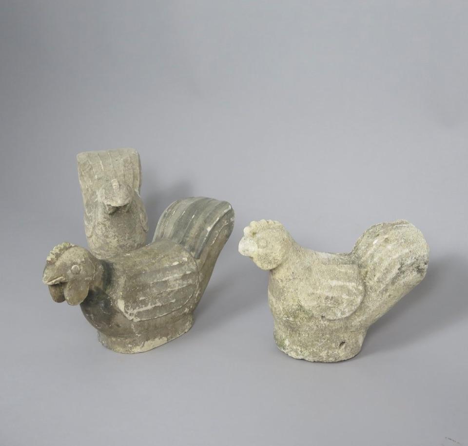 Set of 3 Hand-Carved Sandstone Roosters For Sale 1