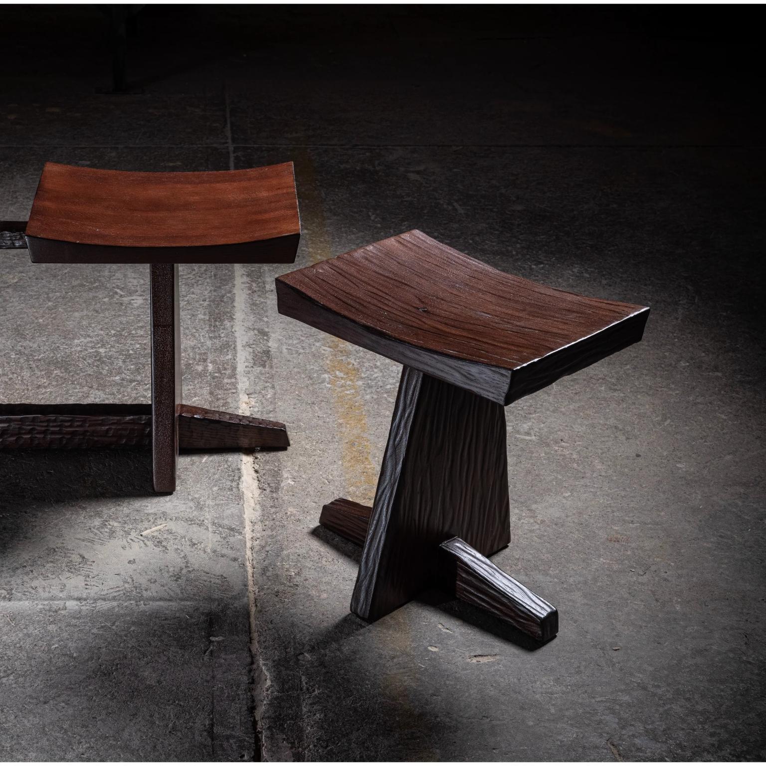 Modern Set Of 3 Hand-Crafted Japanese Style Stools in Solid Oak by No Age Studio For Sale