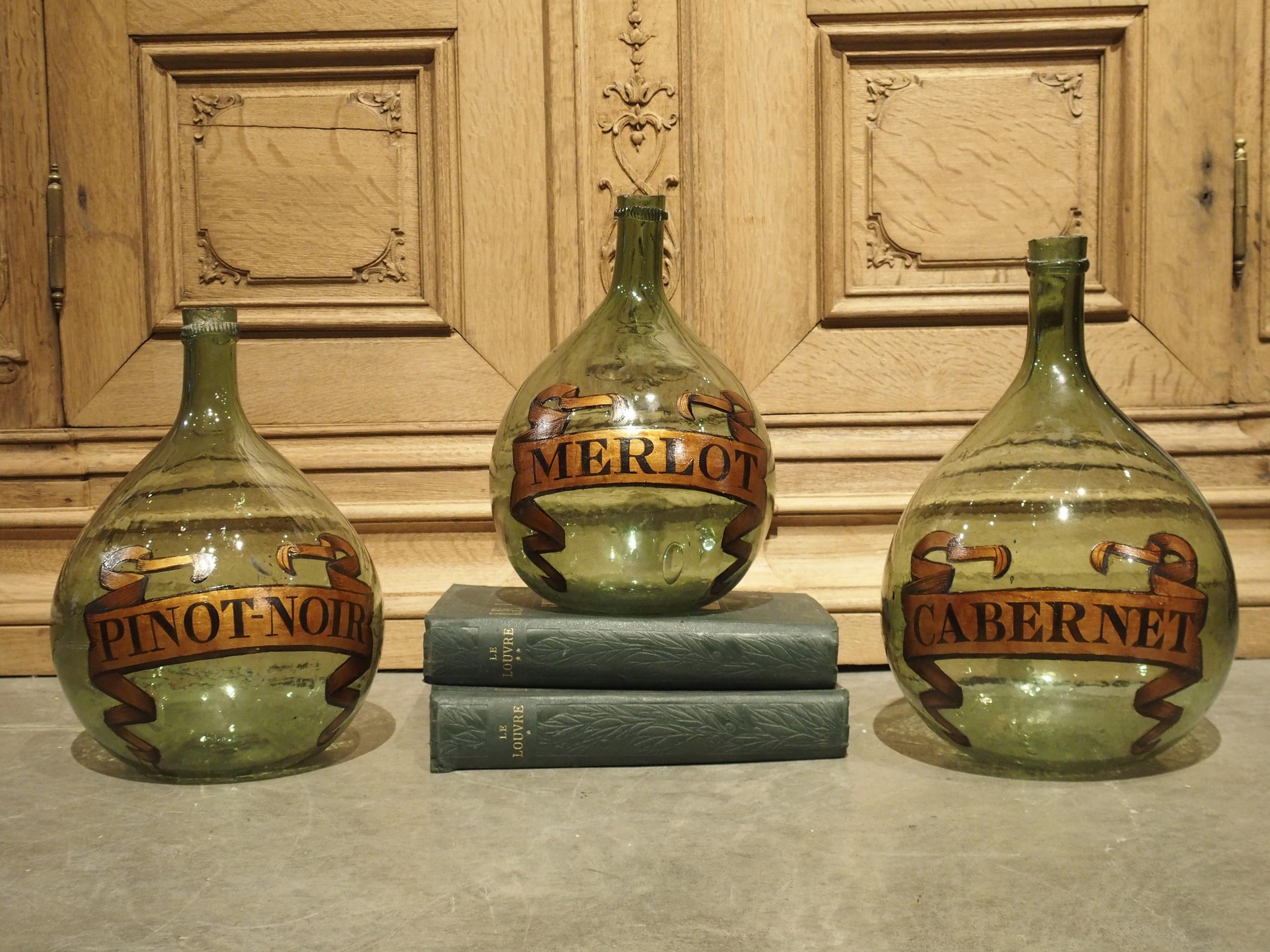 Set of 3 Hand Painted Antique Wine Demijohn Bottles from France, circa 1880 4