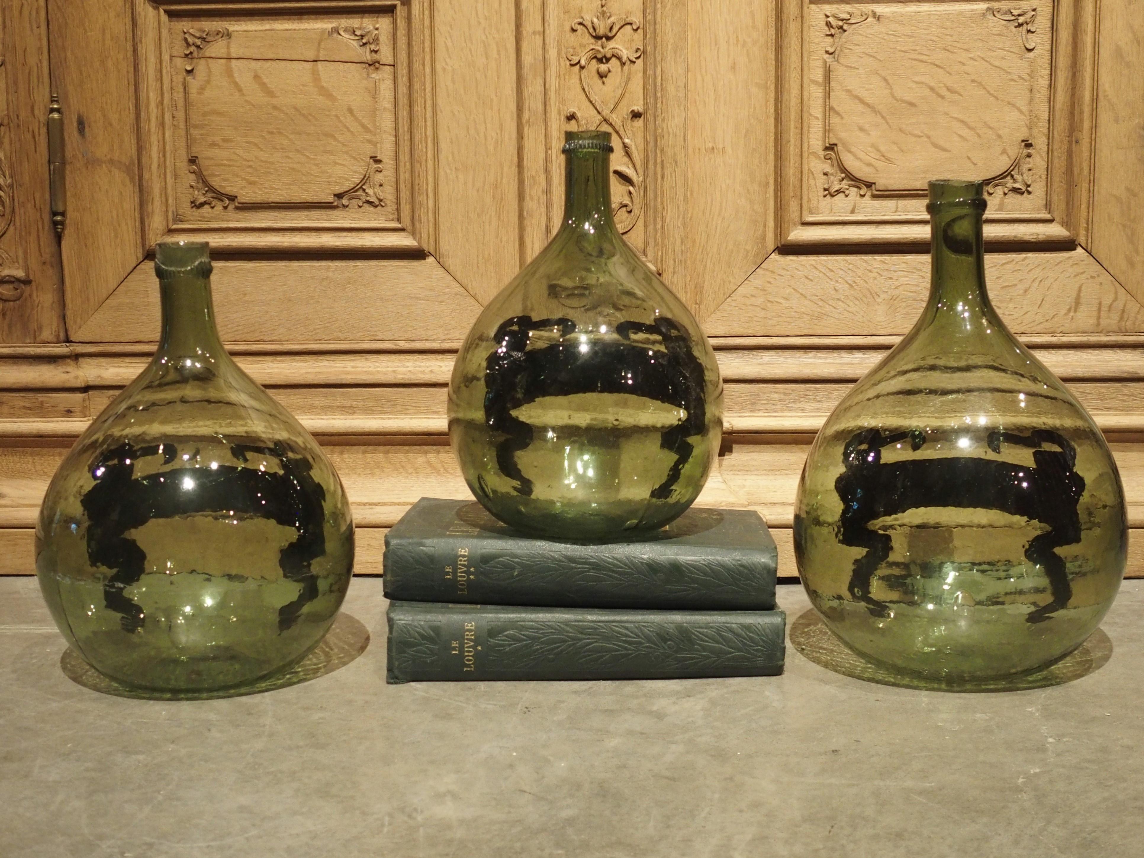 19th Century Set of 3 Hand Painted Antique Wine Demijohn Bottles from France, circa 1880