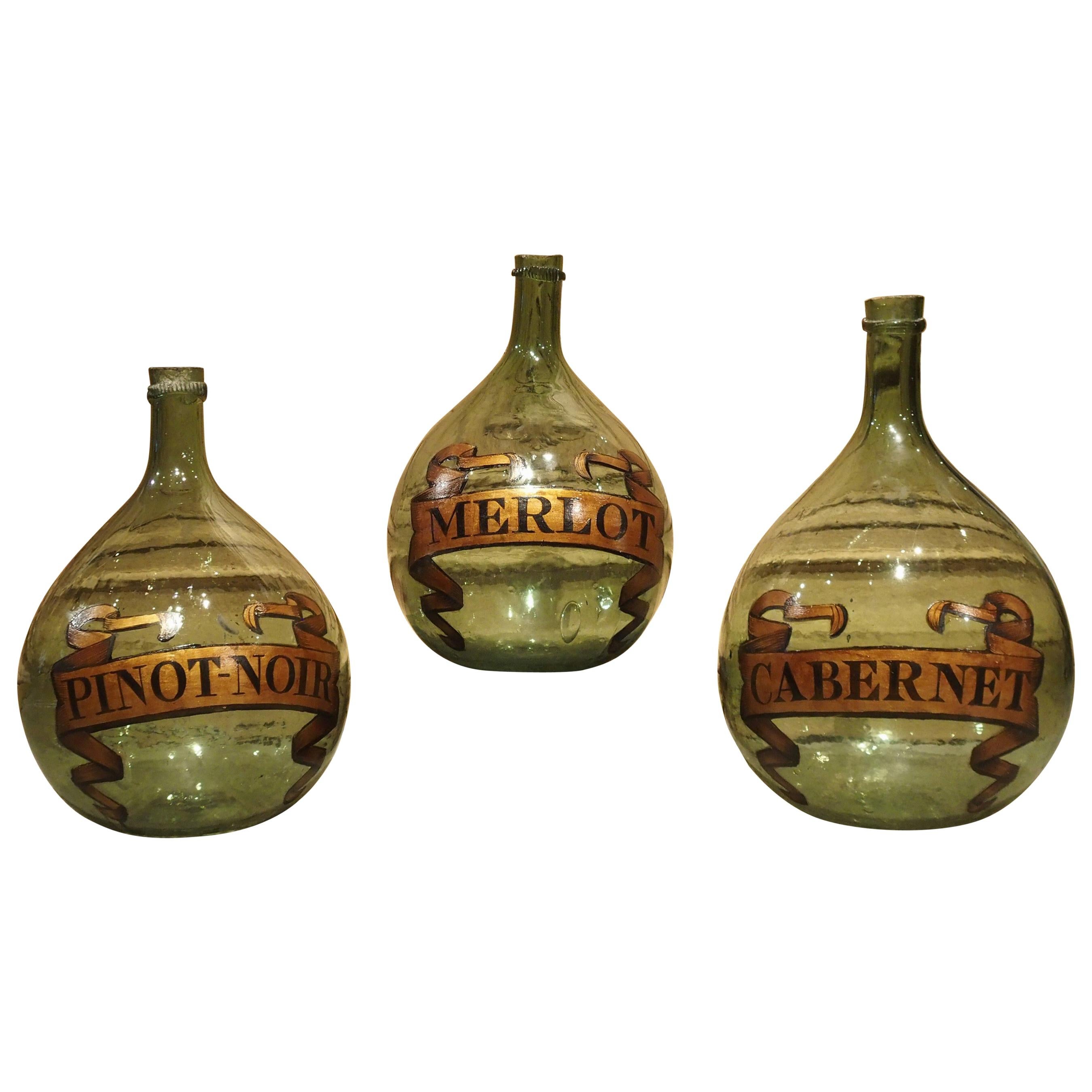 Set of 3 Hand Painted Antique Wine Demijohn Bottles from France, circa 1880