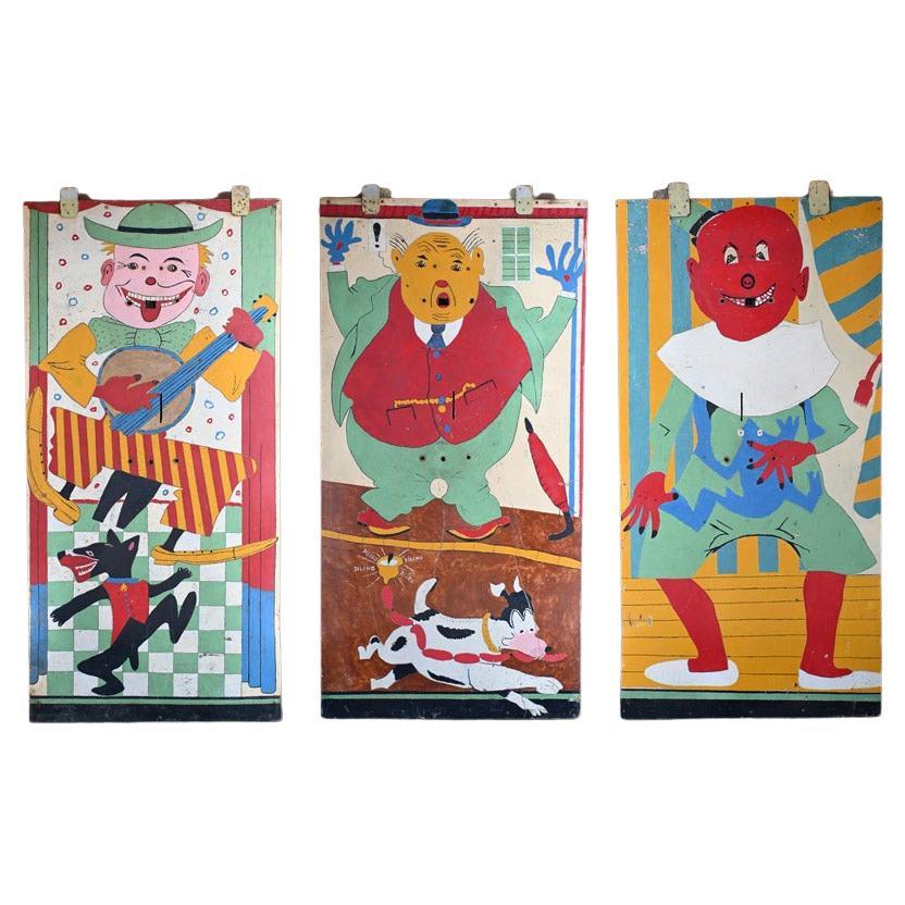 Set di 3 pannelli di arte popolare dipinti a mano all'inizio del XX secolo in vendita