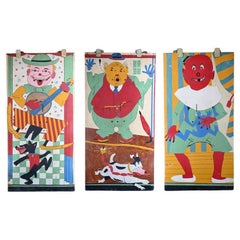 Set di 3 pannelli di arte popolare dipinti a mano all'inizio del XX secolo