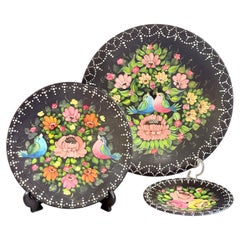 Set of 3 Hand-Painted Folk Art Decorative Plates with Floral & Bird Motifs Home
