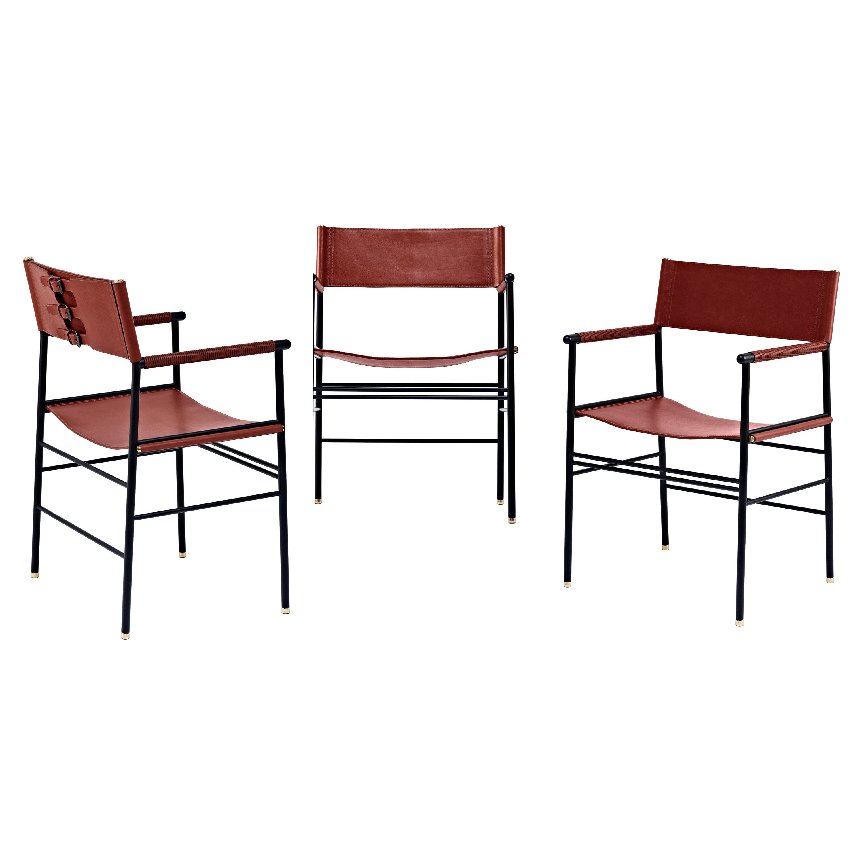 Set di 3 poltrone artigianali contemporanee in pelle cognac e metallo gommato nero in vendita