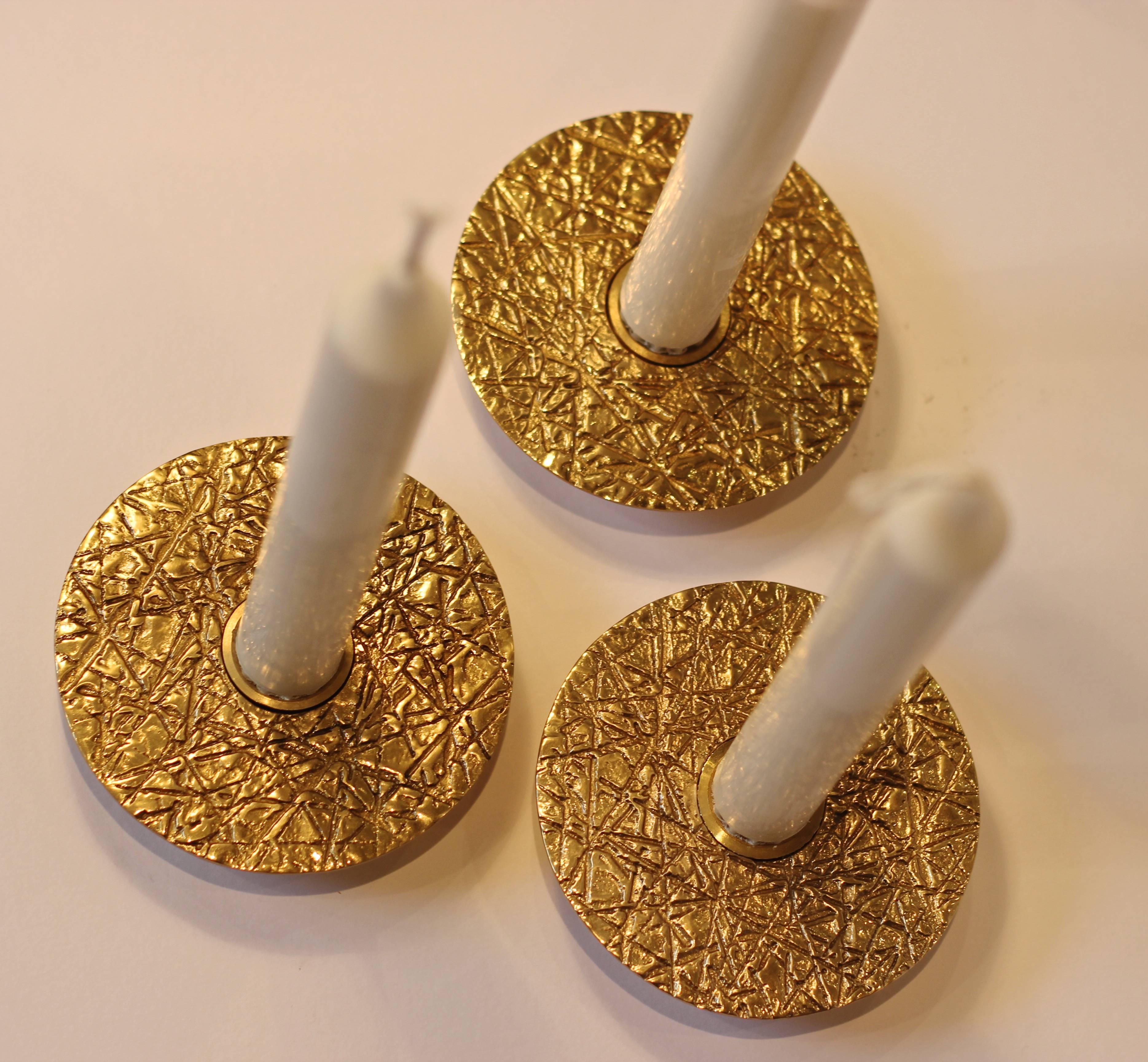 Modern Set of 3 Handmade Cast Brass Kutch Candleholders, Tapered Candles