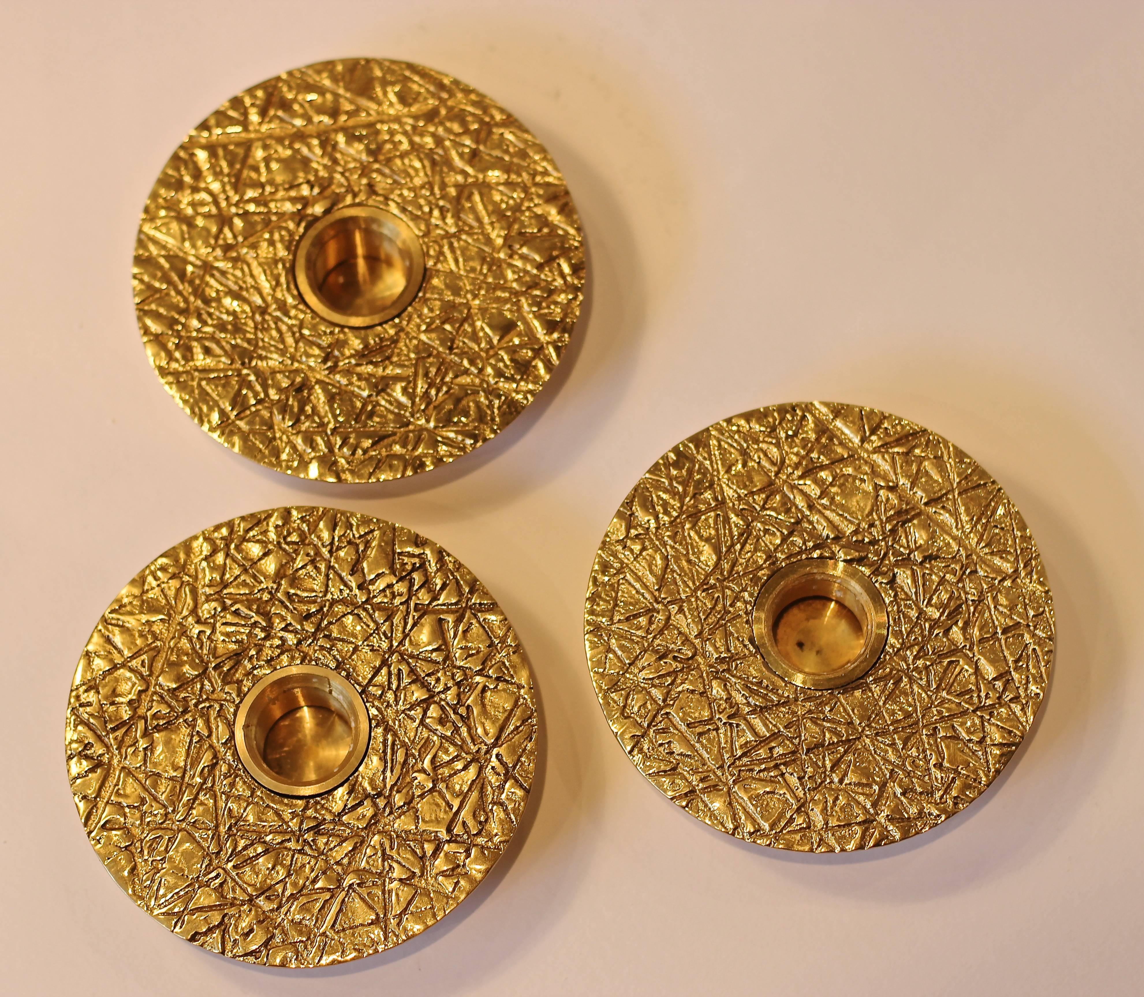 Indian Set of 3 Handmade Cast Brass Kutch Candleholders, Tapered Candles