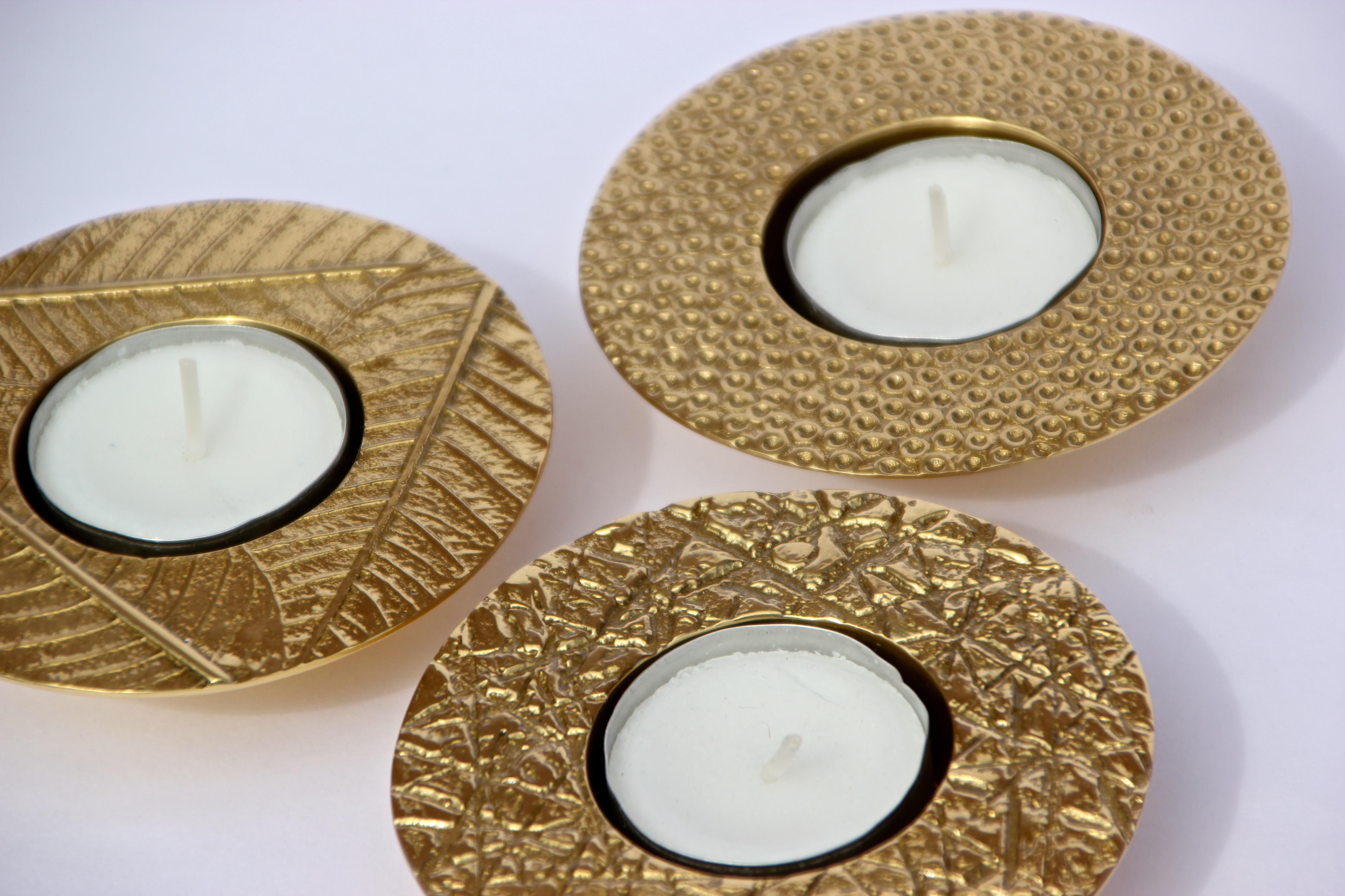 Modern Set of 3 Handmade Cast Brass Textured T-light Candleholders For Sale