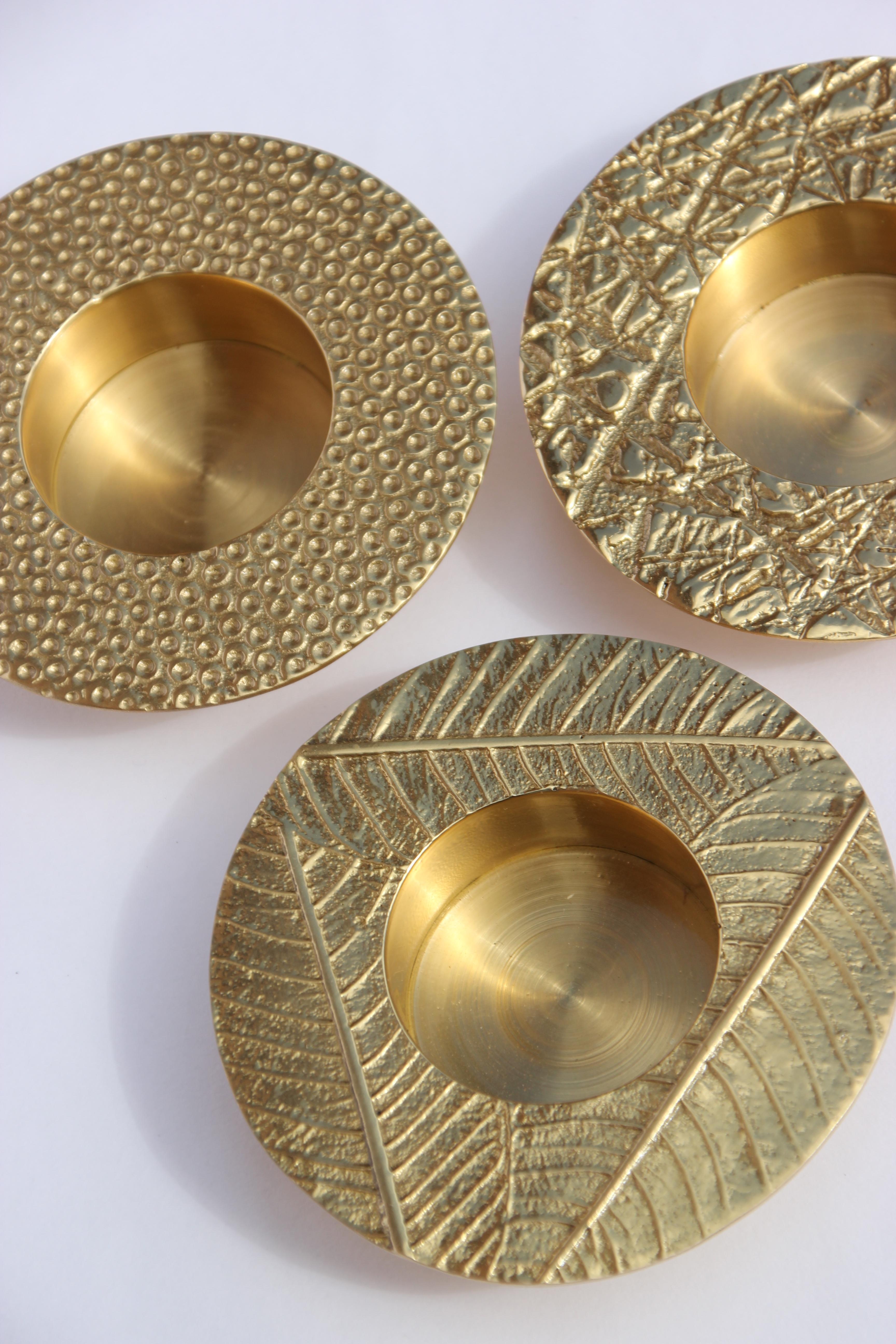 Set of 3 Handmade Cast Brass Textured T-light Candleholders For Sale 3