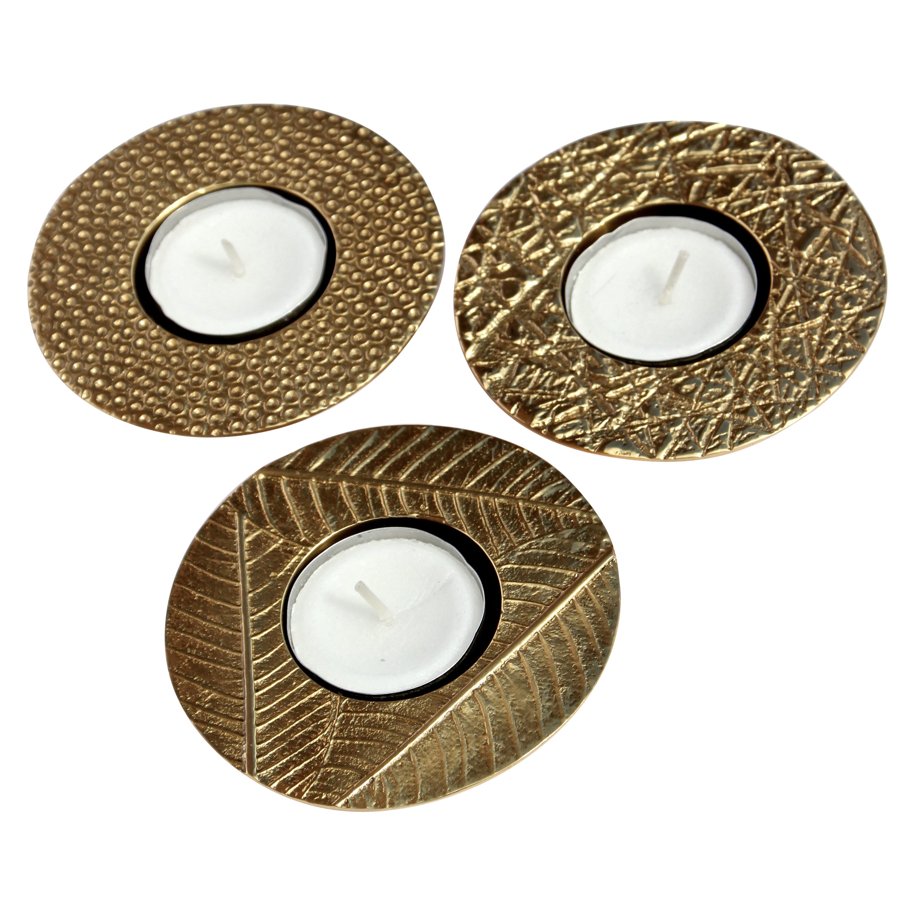Set of 3 Handmade Cast Brass Textured T-light Candleholders
