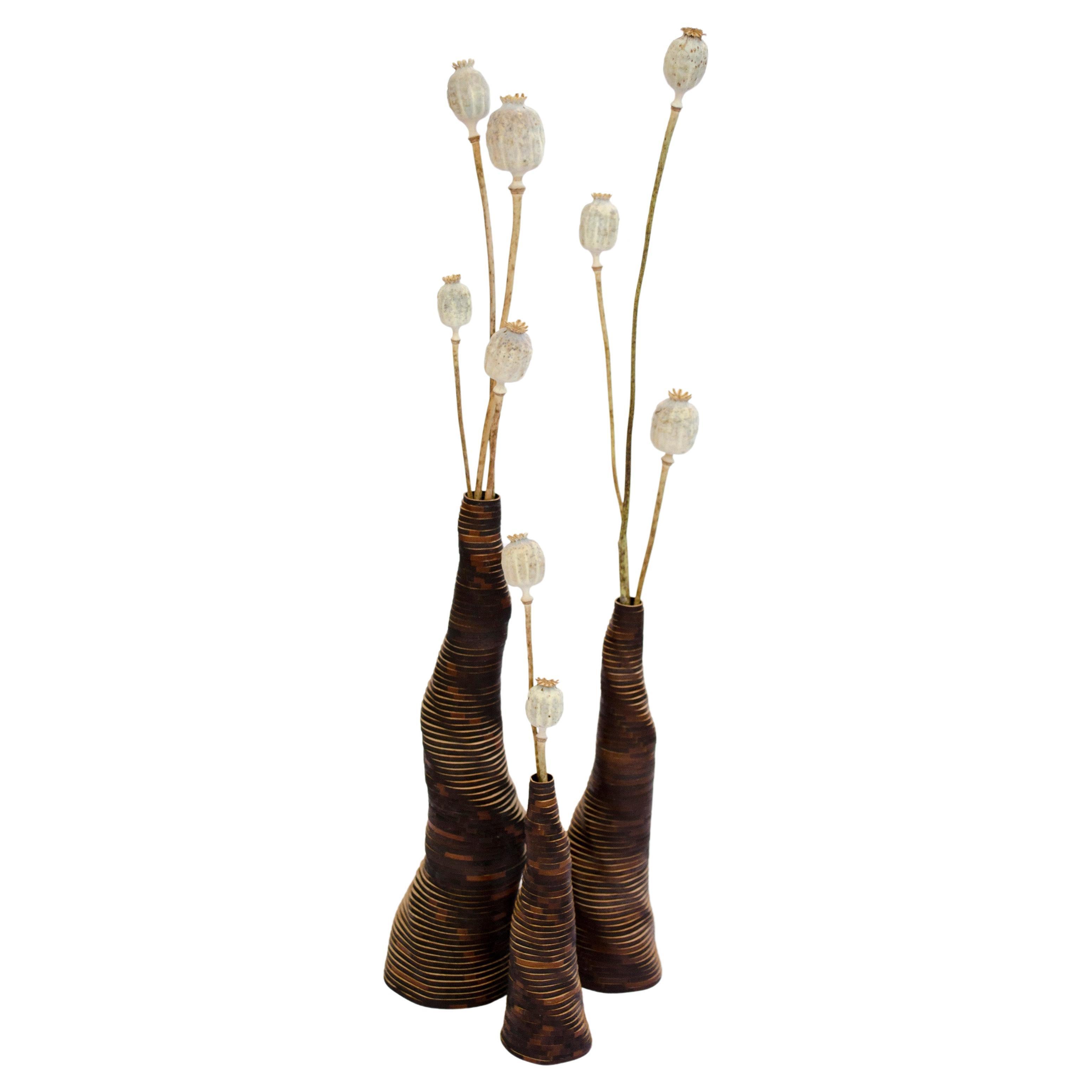 Set of 3 Handmade Stratum Tempus Burned Bamboo Vase by Daan De Wit For Sale