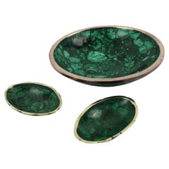 Set of 3 handmade Vibrant Malachite Vide Poche/ Ashtray's Brass Rim 1960's Italy