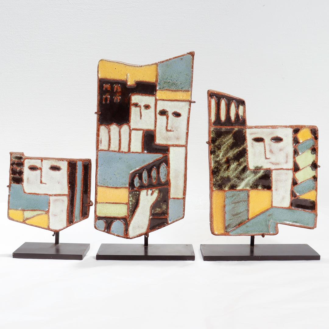 American Set of 3 Harris Strong Mid-Century Modern Terracotta Tiles with Faces For Sale