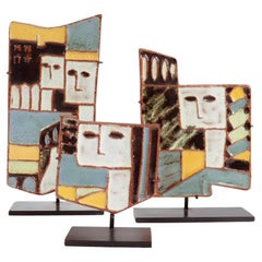Retro Set of 3 Harris Strong Mid-Century Modern Terracotta Tiles with Faces