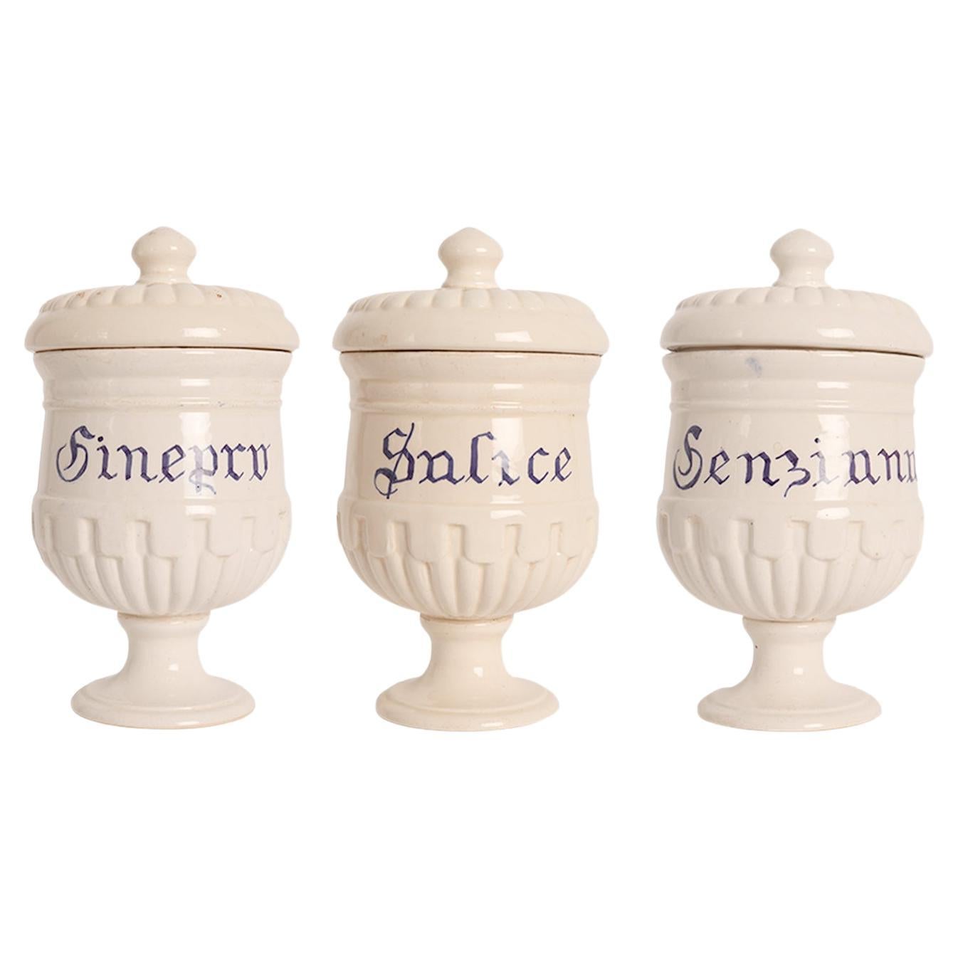 Set of 3 herbalist pharmacy ceramic jars, Italy 1890. For Sale
