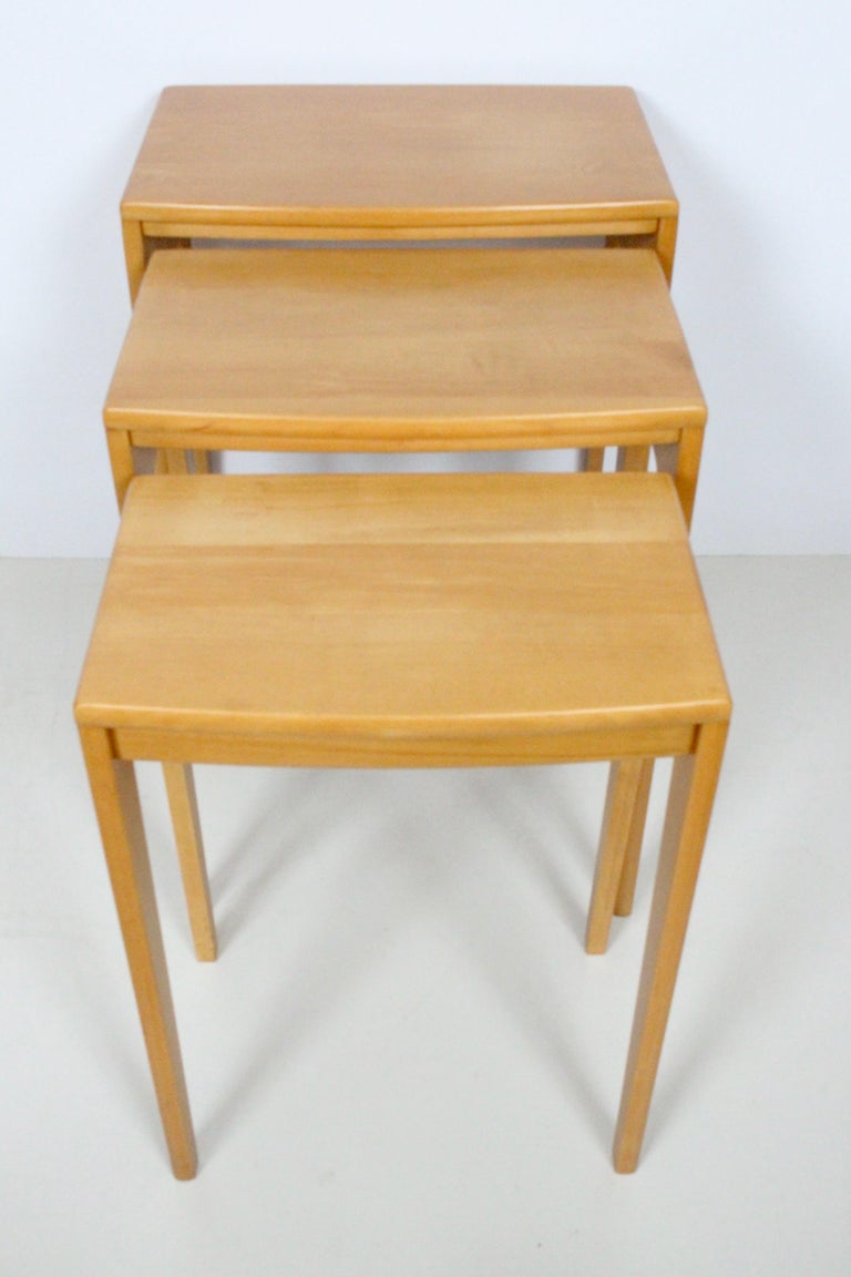 Set of 3 Heywood Wakefield Style Solid Maple Nesting Tables, 1950's For