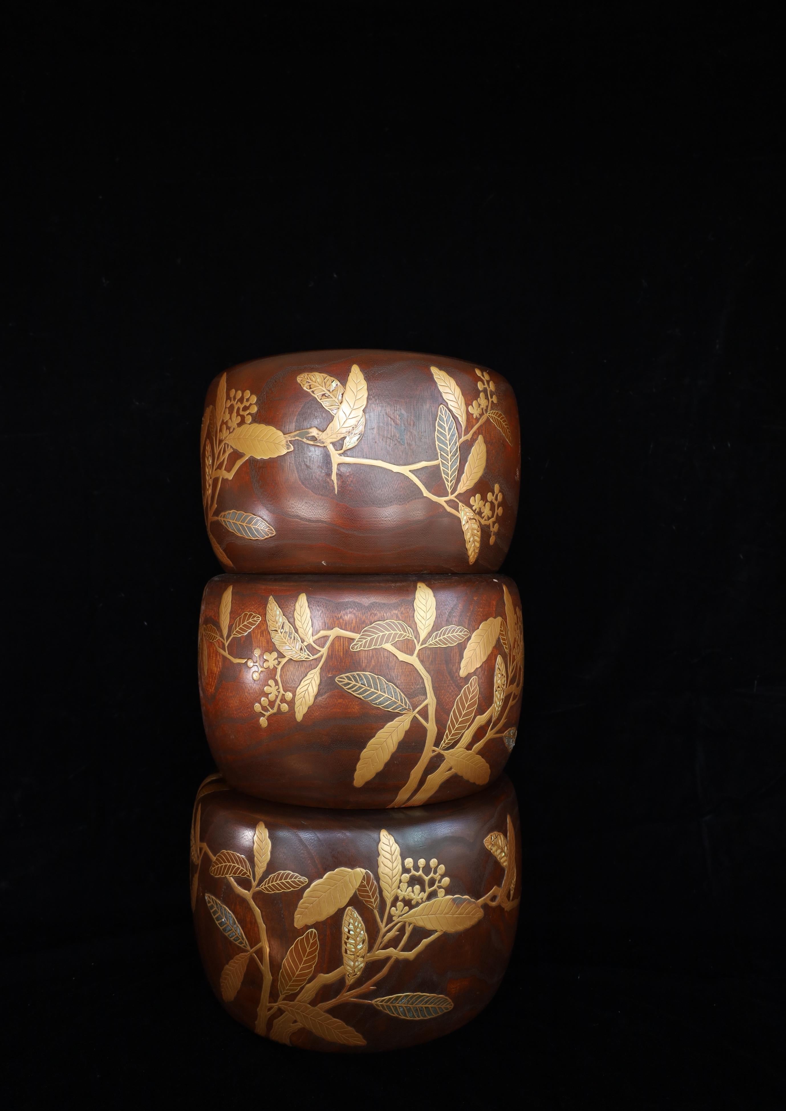Un raro ed elegante set di tre hibachi giapponesi (ciotole da fuoco tradizionali) del periodo Meiji (1868-1912), realizzati in legno di paulownia a grana fine e decorati con motivi intagliati e intarsiati di rami e foglie di paulownia.

Ogni hibachi