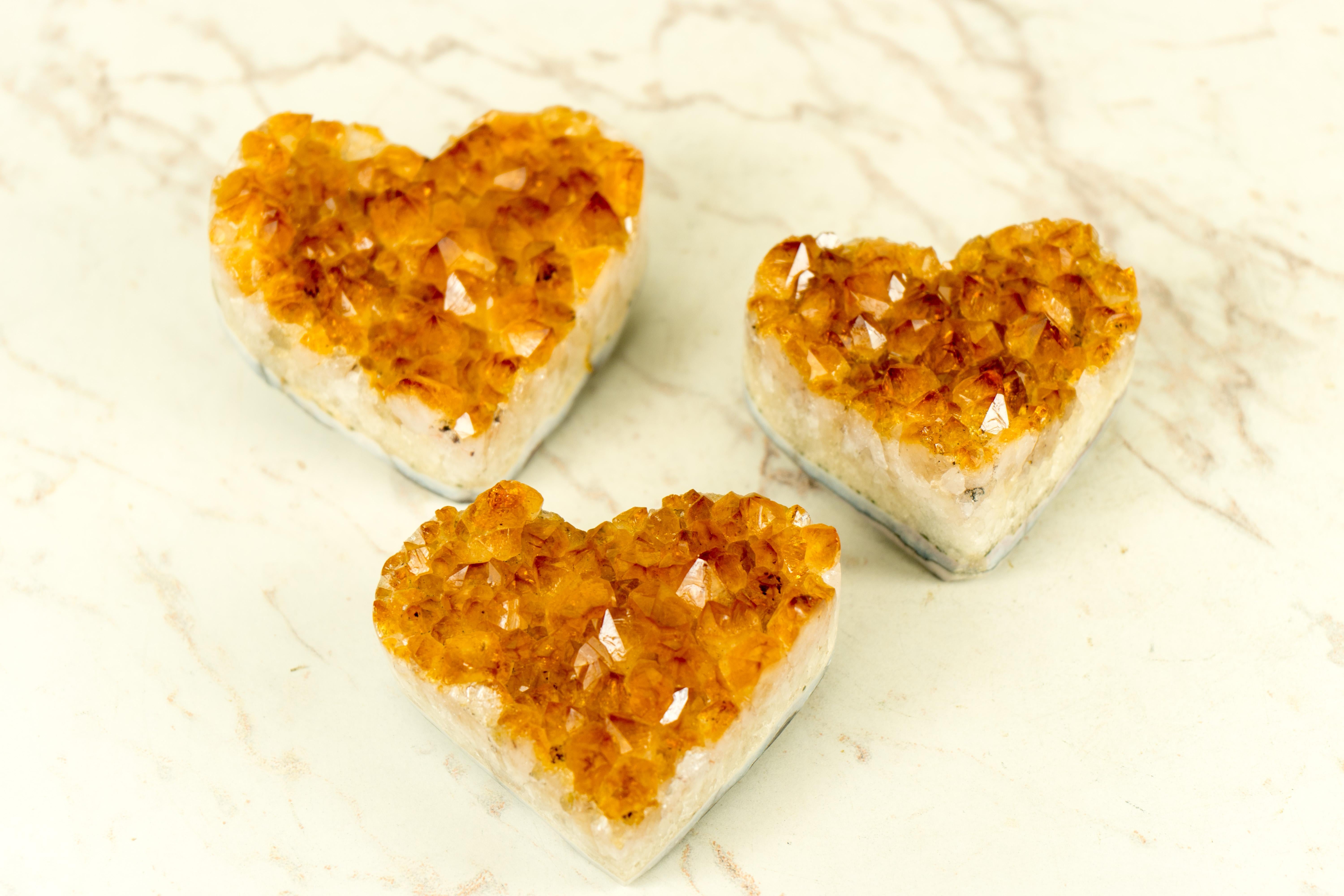 Brazilian Set of 3 High-Grade Citrine Hearts,  Table and Energetic Crystal Decor  For Sale