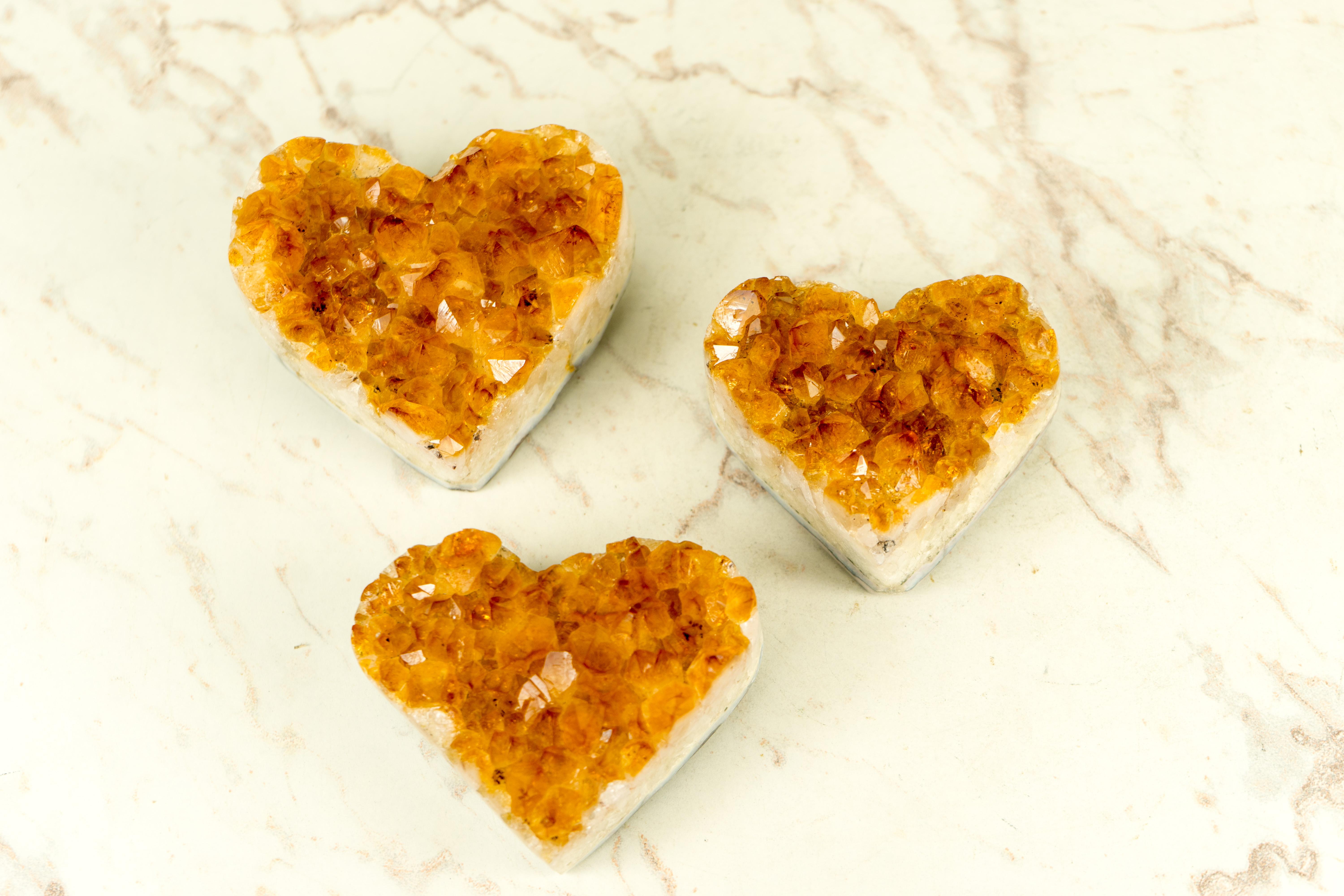 Set of 3 High-Grade Citrine Hearts,  Table and Energetic Crystal Decor  In New Condition For Sale In Ametista Do Sul, BR