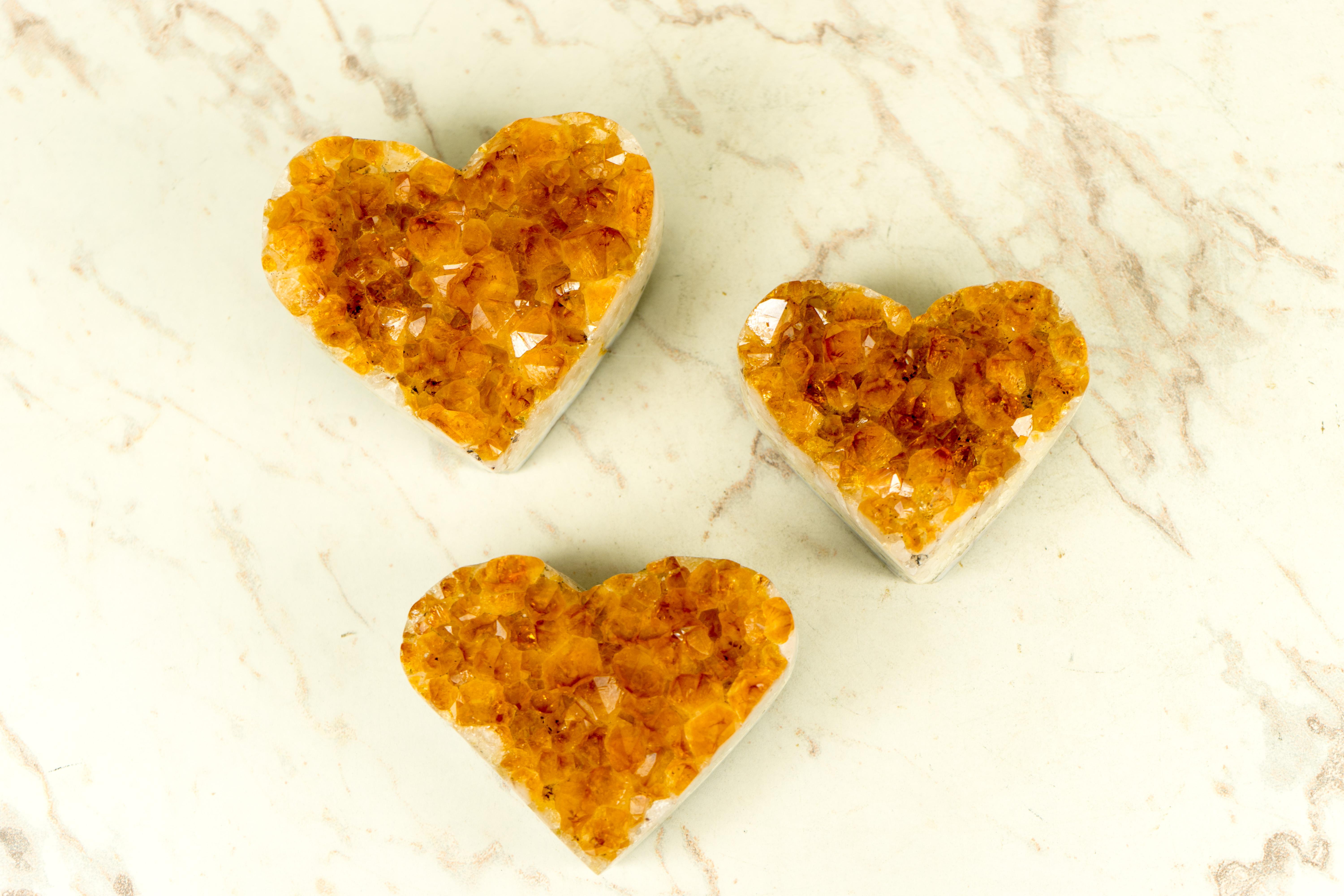 Contemporary Set of 3 High-Grade Citrine Hearts,  Table and Energetic Crystal Decor  For Sale