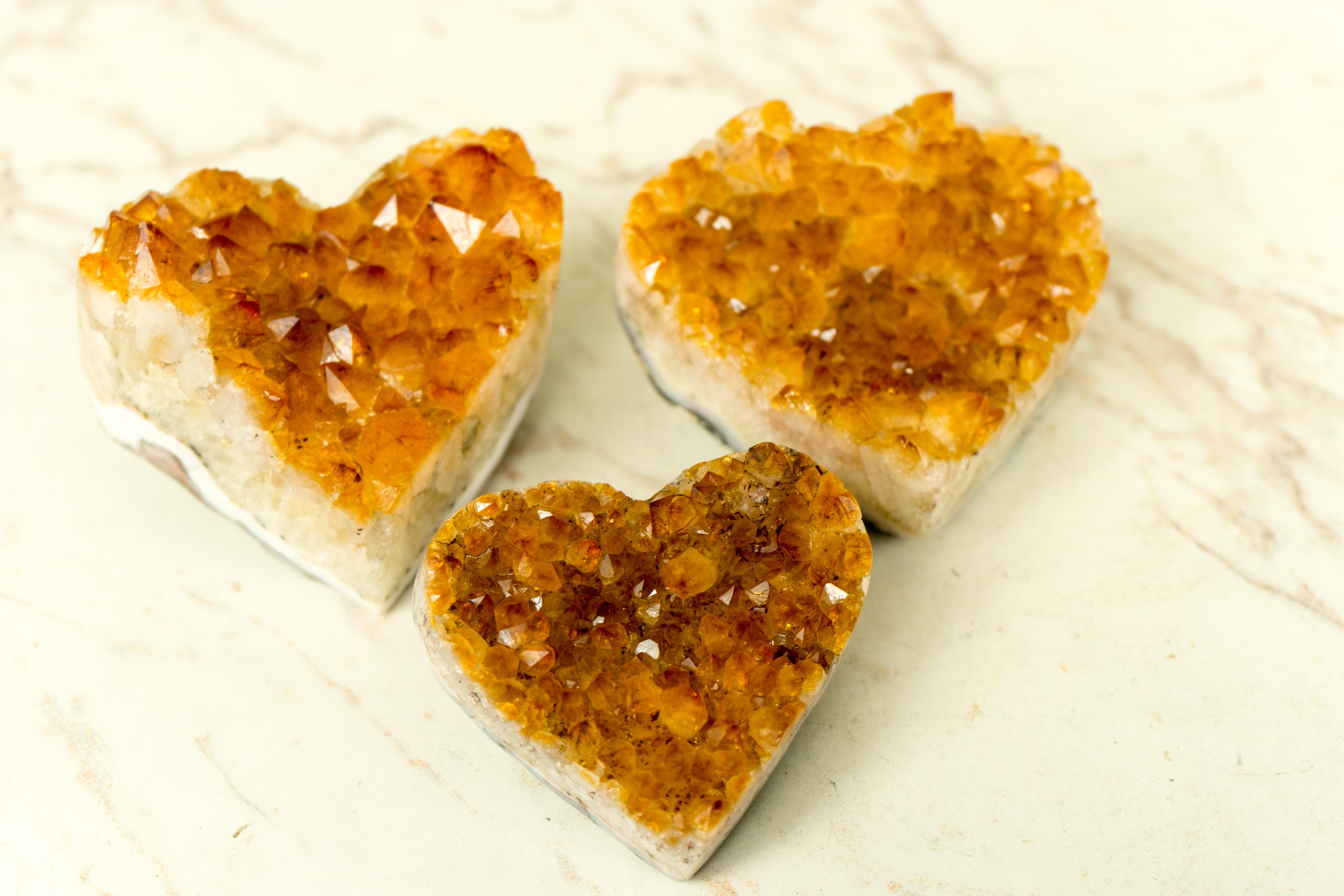 Set of 3 High-Grade Deep Orange Citrine Hearts, Natural, Crystal Decor Idea For Sale 7