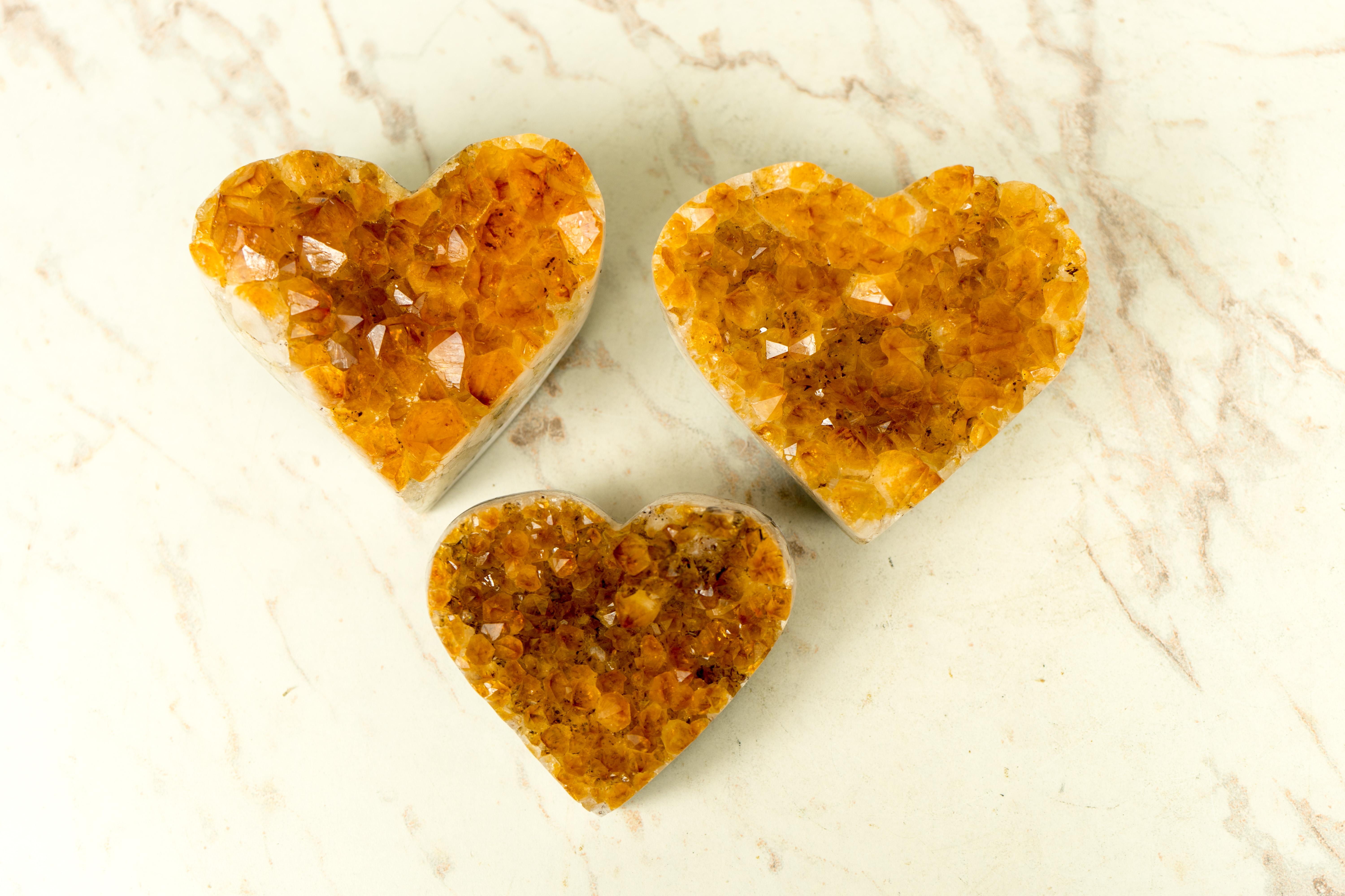 Set of 3 High-Grade Deep Orange Citrine Hearts, Natural, Crystal Decor Idea For Sale 8
