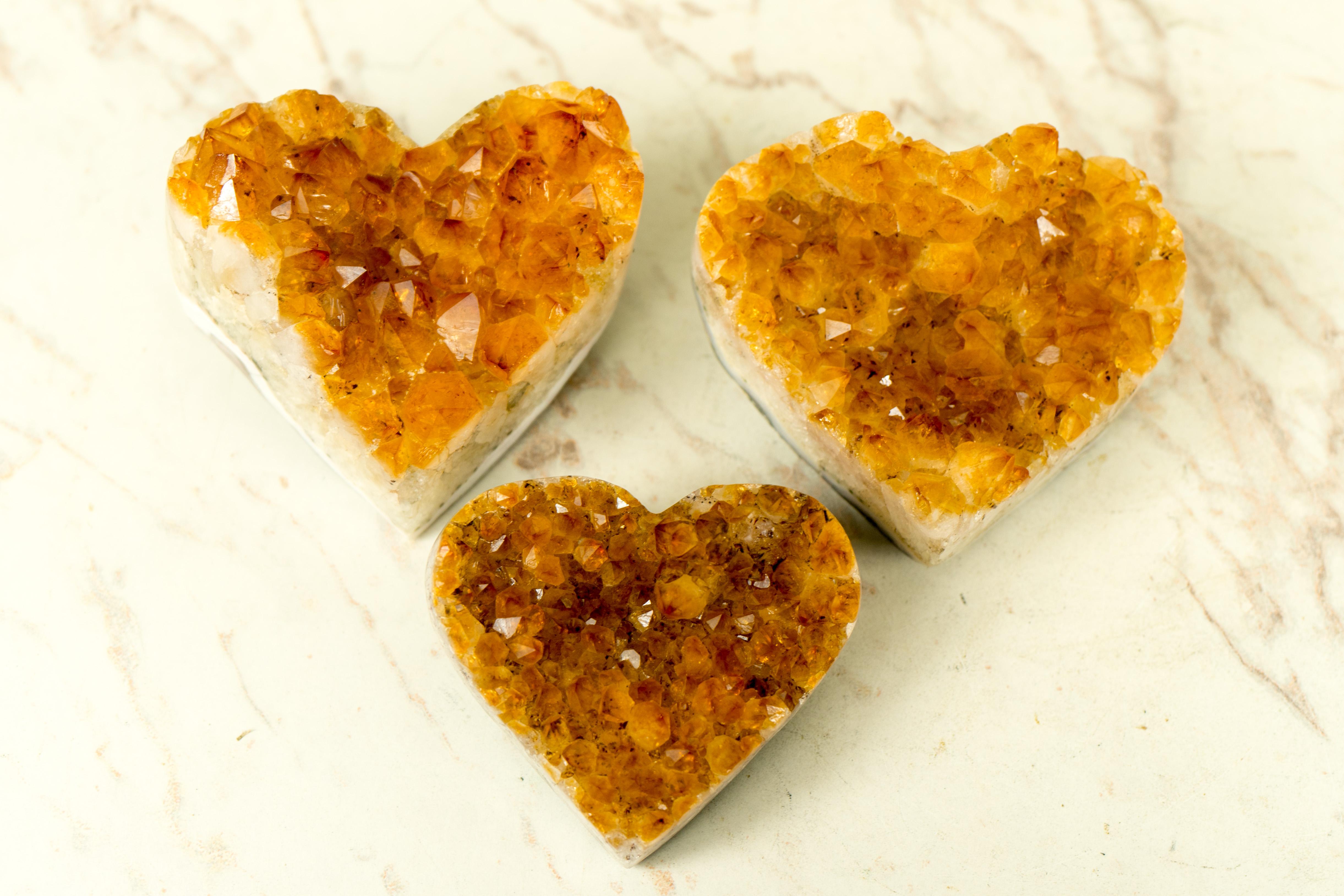 Set of 3 High-Grade Deep Orange Citrine Hearts, Natural, Crystal Decor Idea For Sale 9