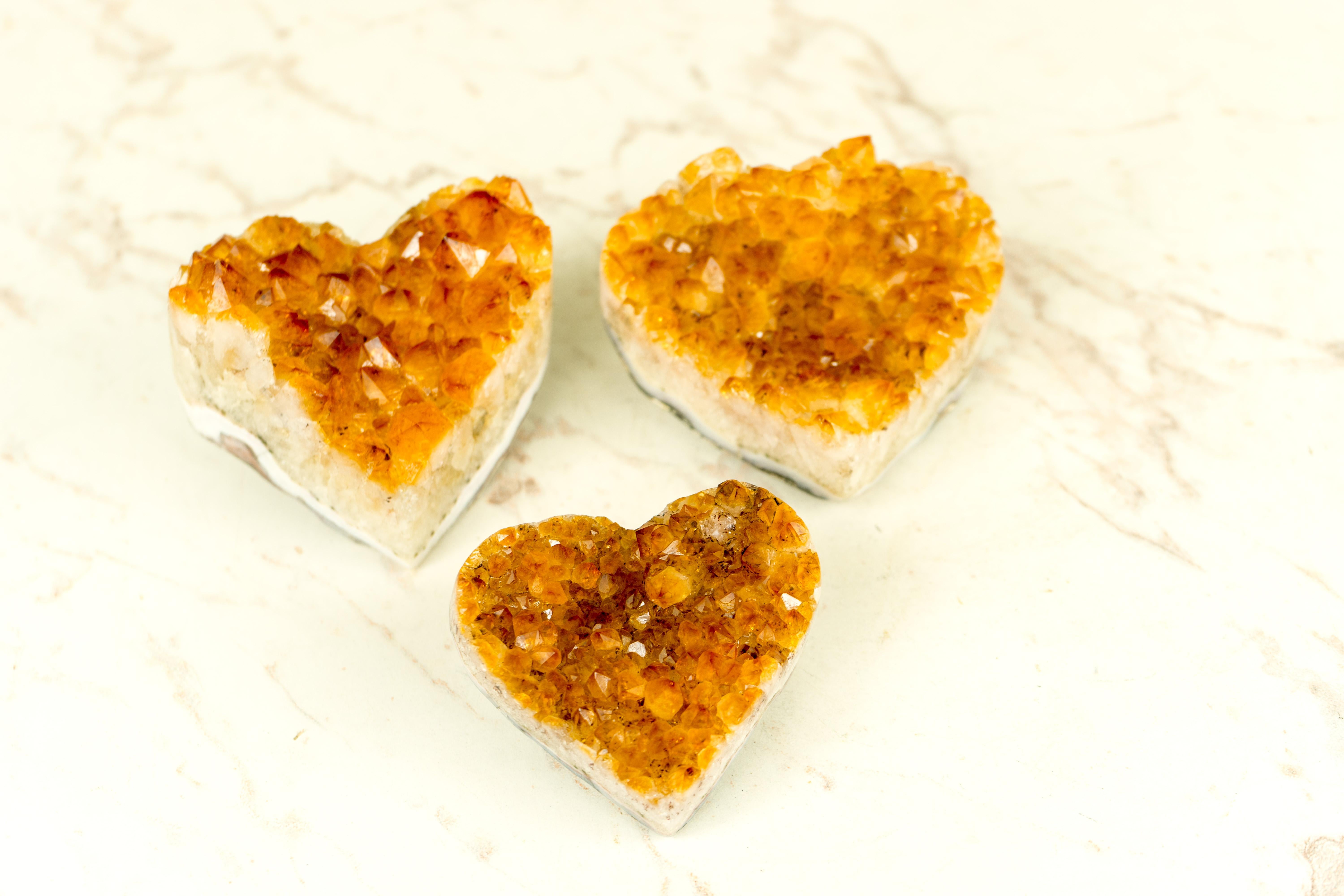 Set of 3 High-Grade Deep Orange Citrine Hearts, Natural, Crystal Decor Idea In New Condition For Sale In Ametista Do Sul, BR