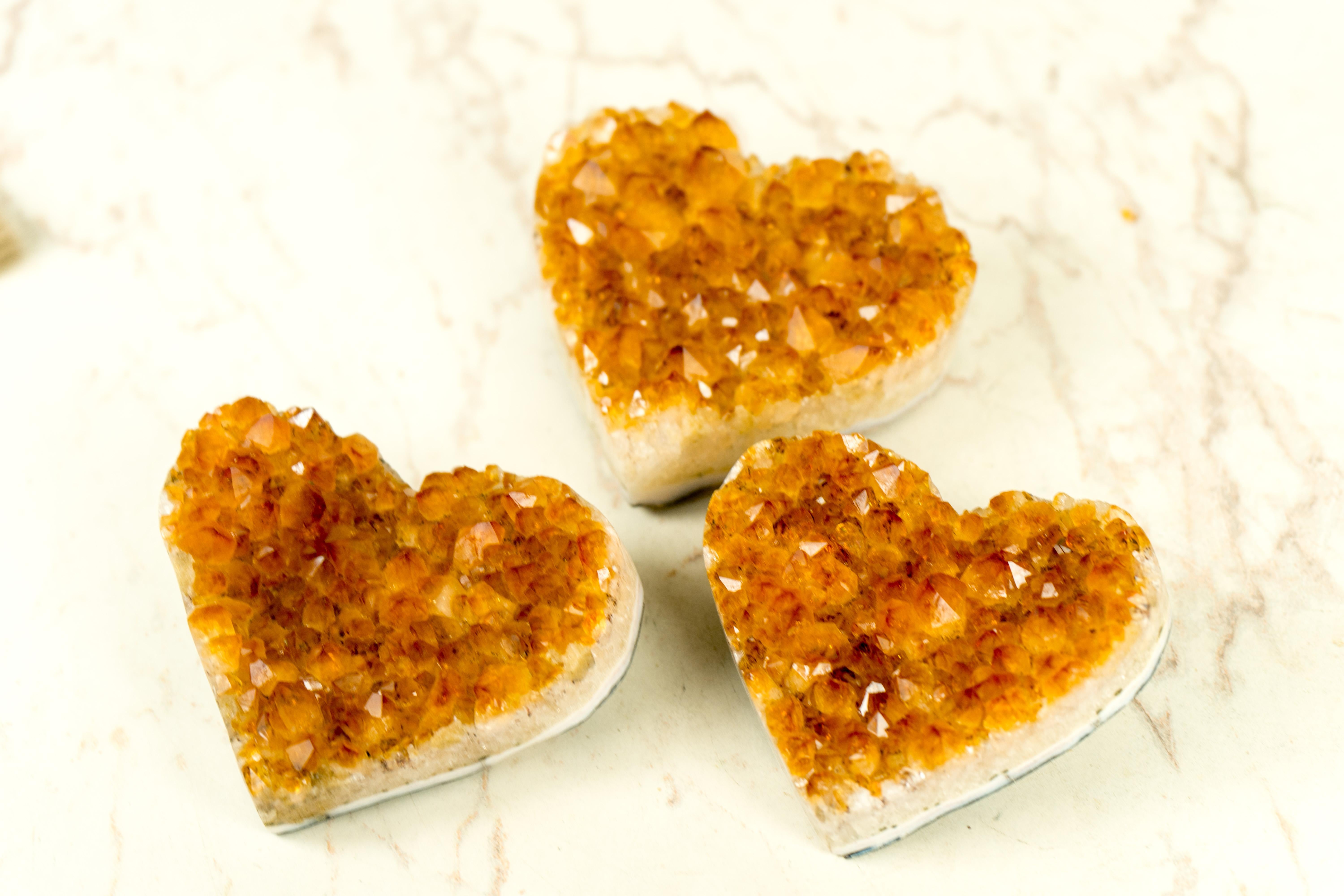 Set of 3 High-Grade Deep Orange Citrine Hearts, Natural Decorative Crystal For Sale 4