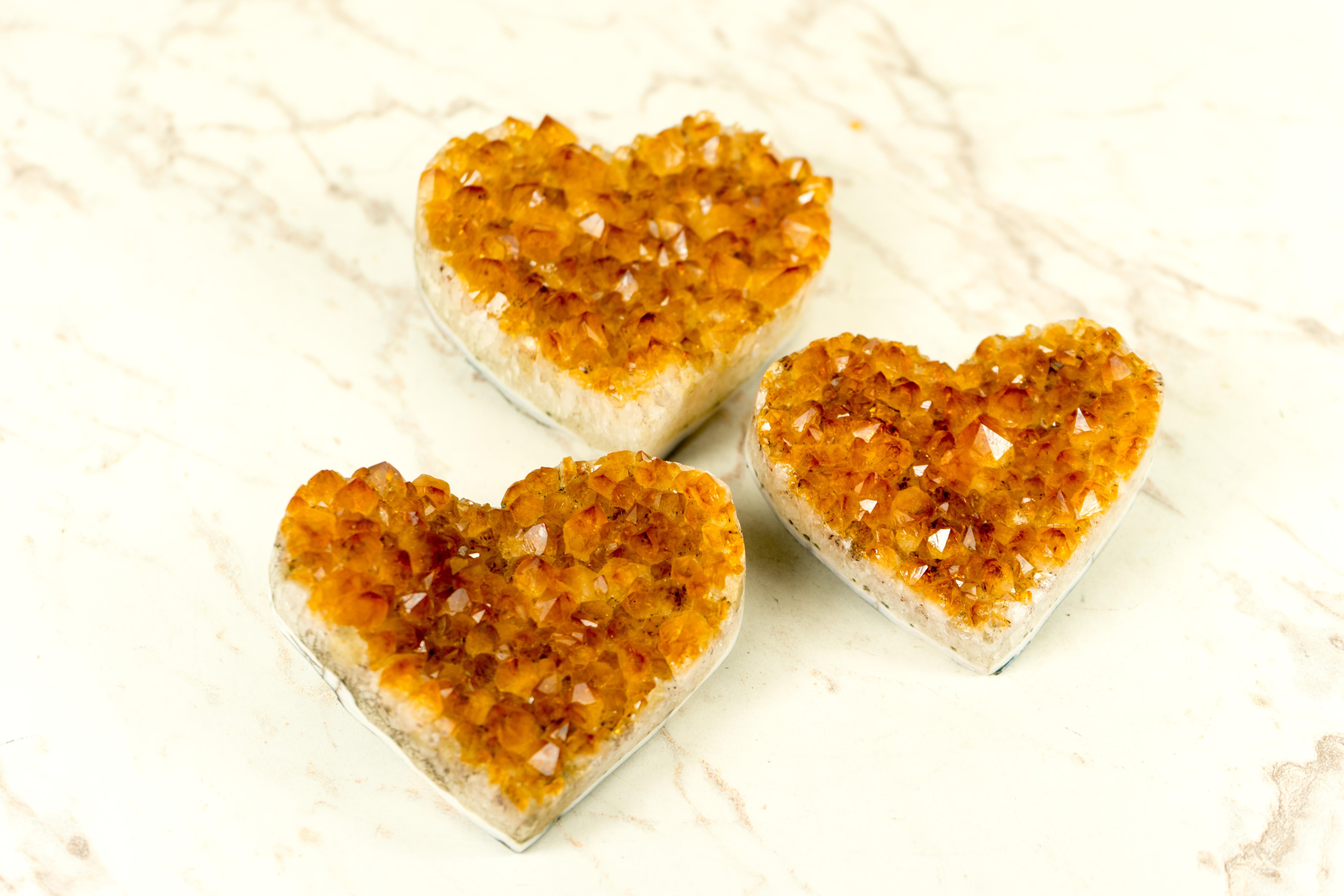 Set of 3 High-Grade Deep Orange Citrine Hearts, Natural Decorative Crystal For Sale 5