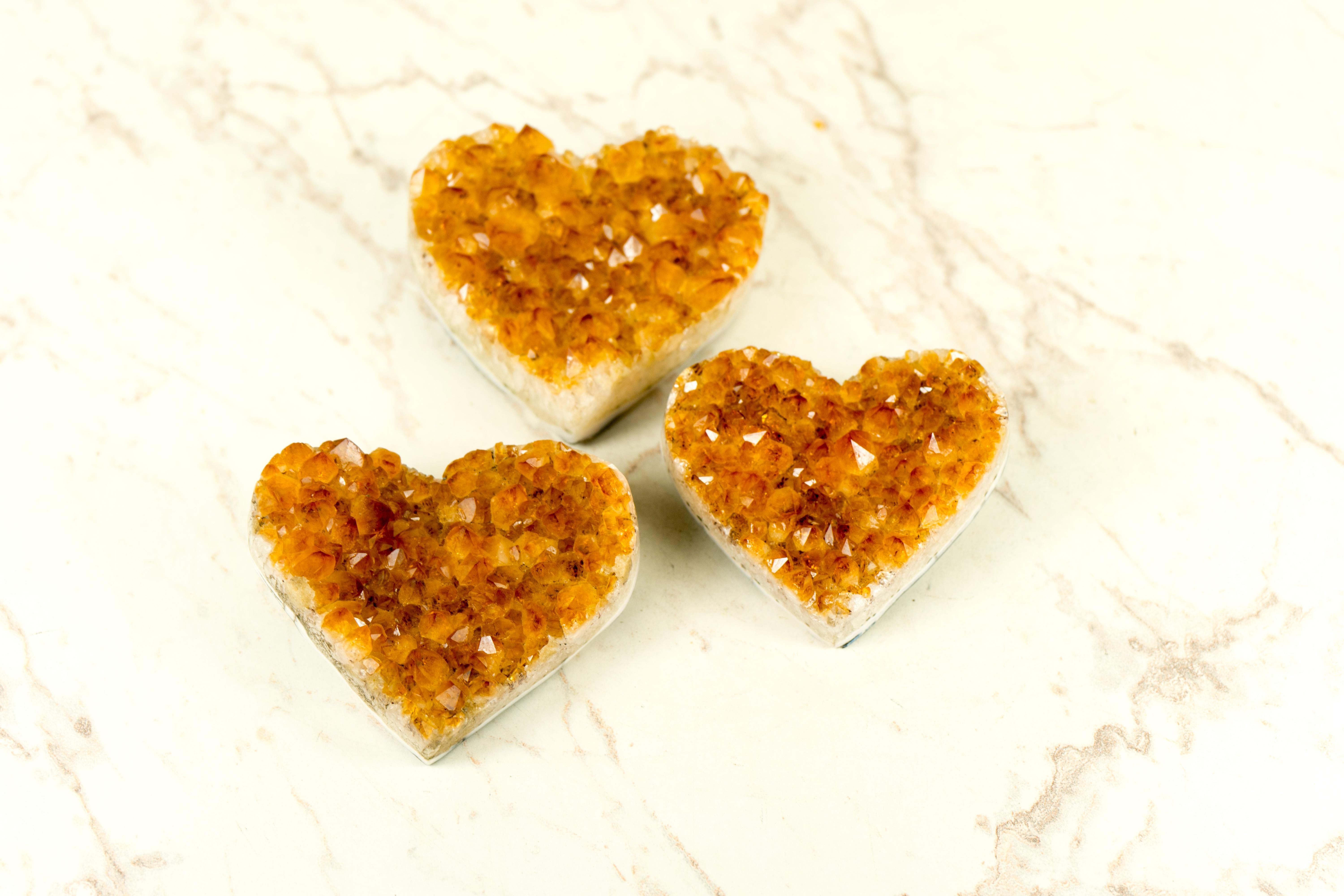 Set of 3 High-Grade Deep Orange Citrine Hearts, Natural Decorative Crystal For Sale 6