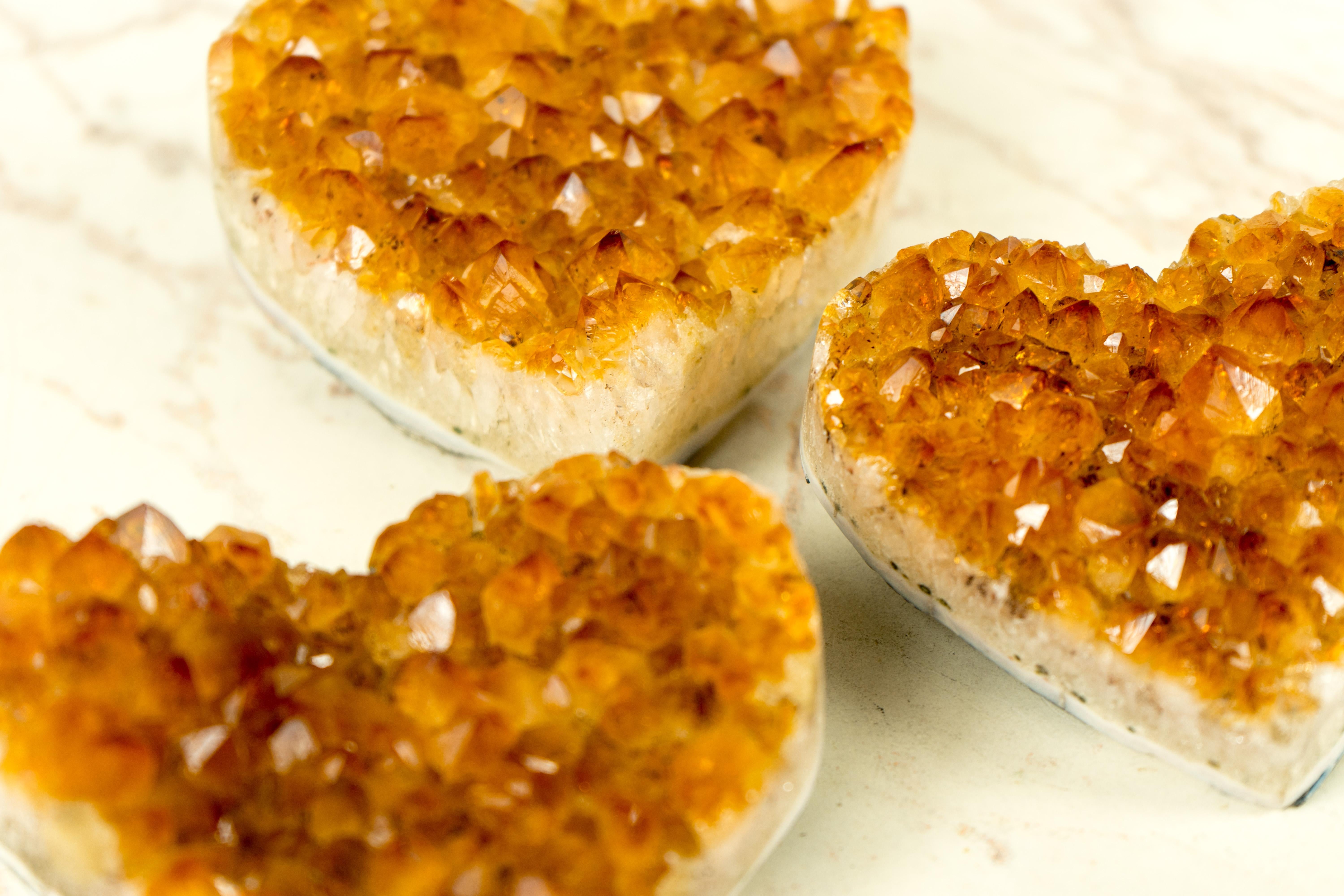 Set of 3 High-Grade Deep Orange Citrine Hearts, Natural Decorative Crystal In New Condition For Sale In Ametista Do Sul, BR