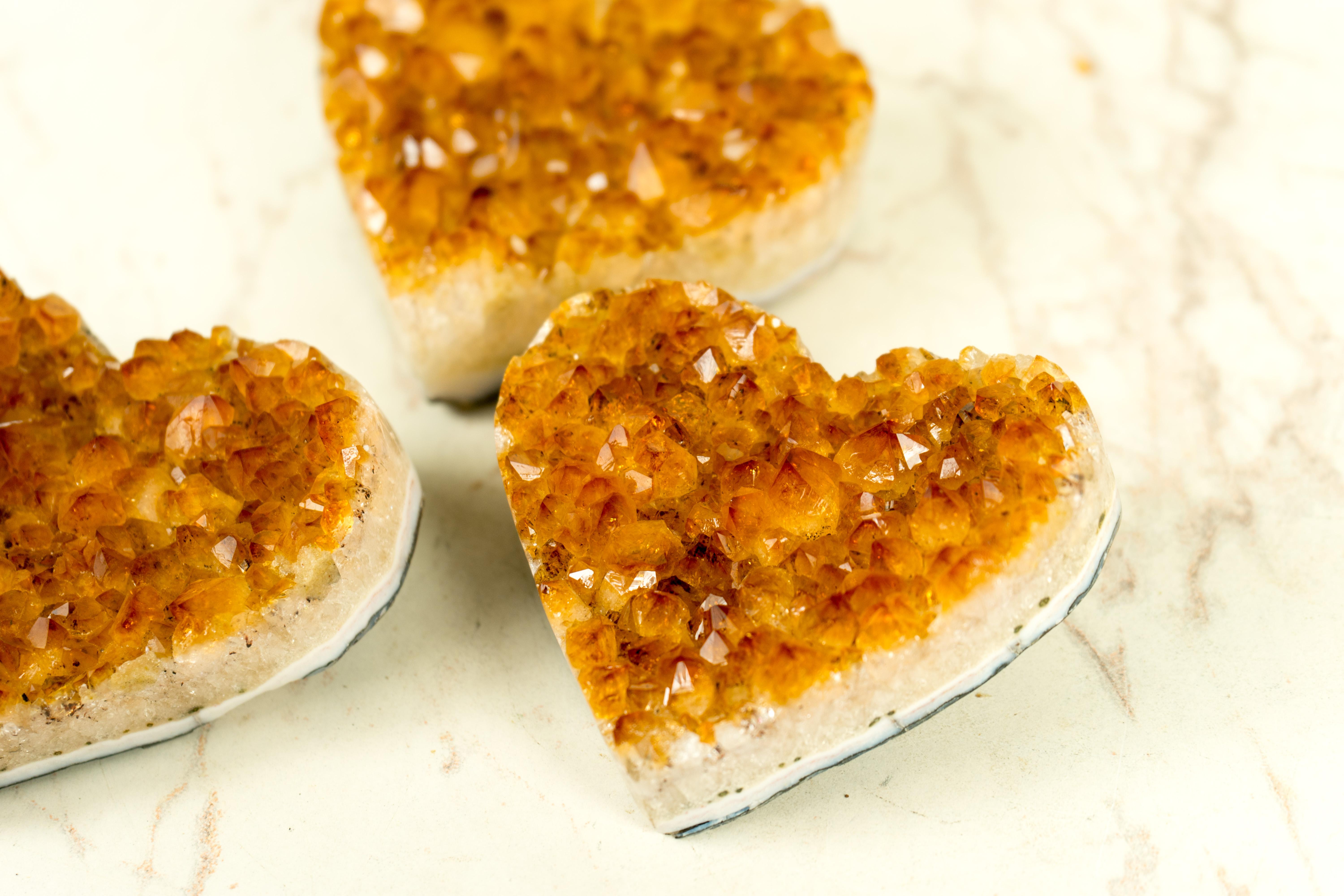 Agate Set of 3 High-Grade Deep Orange Citrine Hearts, Natural Decorative Crystal For Sale