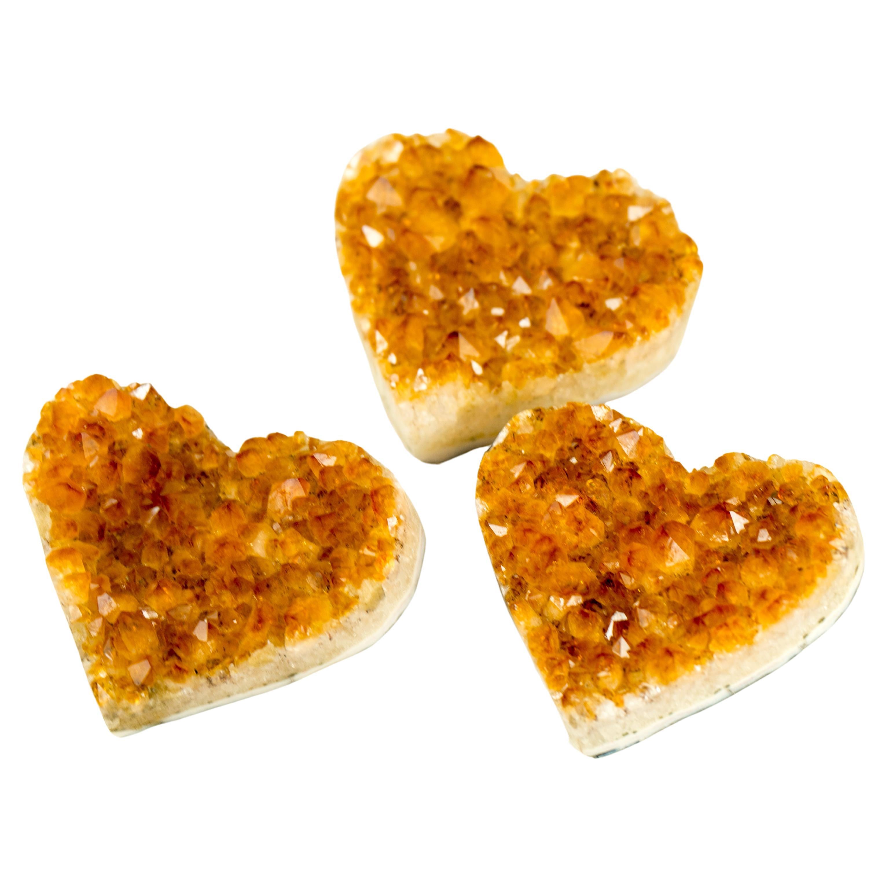 Set of 3 High-Grade Deep Orange Citrine Hearts, Natural Decorative Crystal