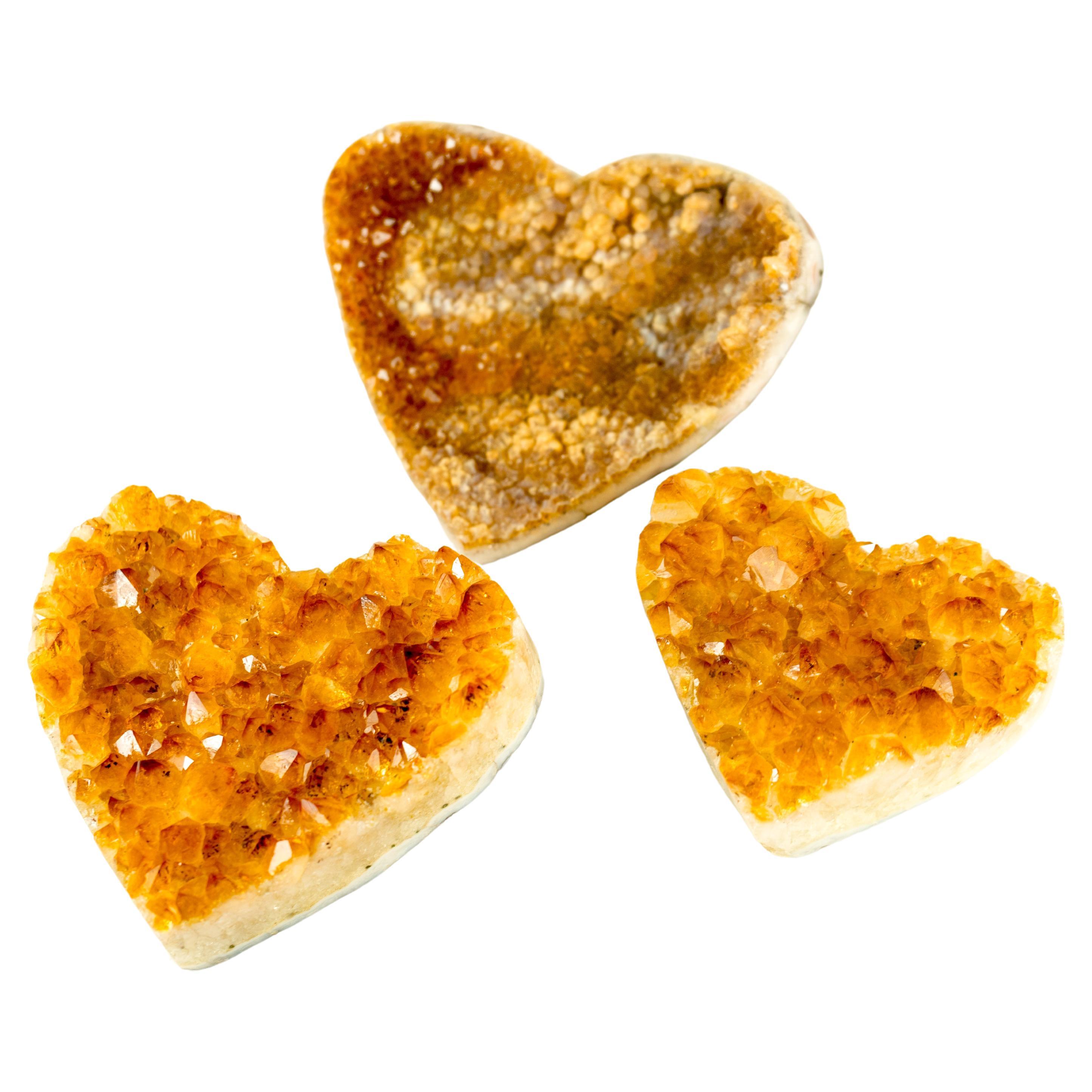 Brasiliano Set di 3 cuori di citrino arancione intenso di alta qualità, uno con druzy di citrino galattico in vendita