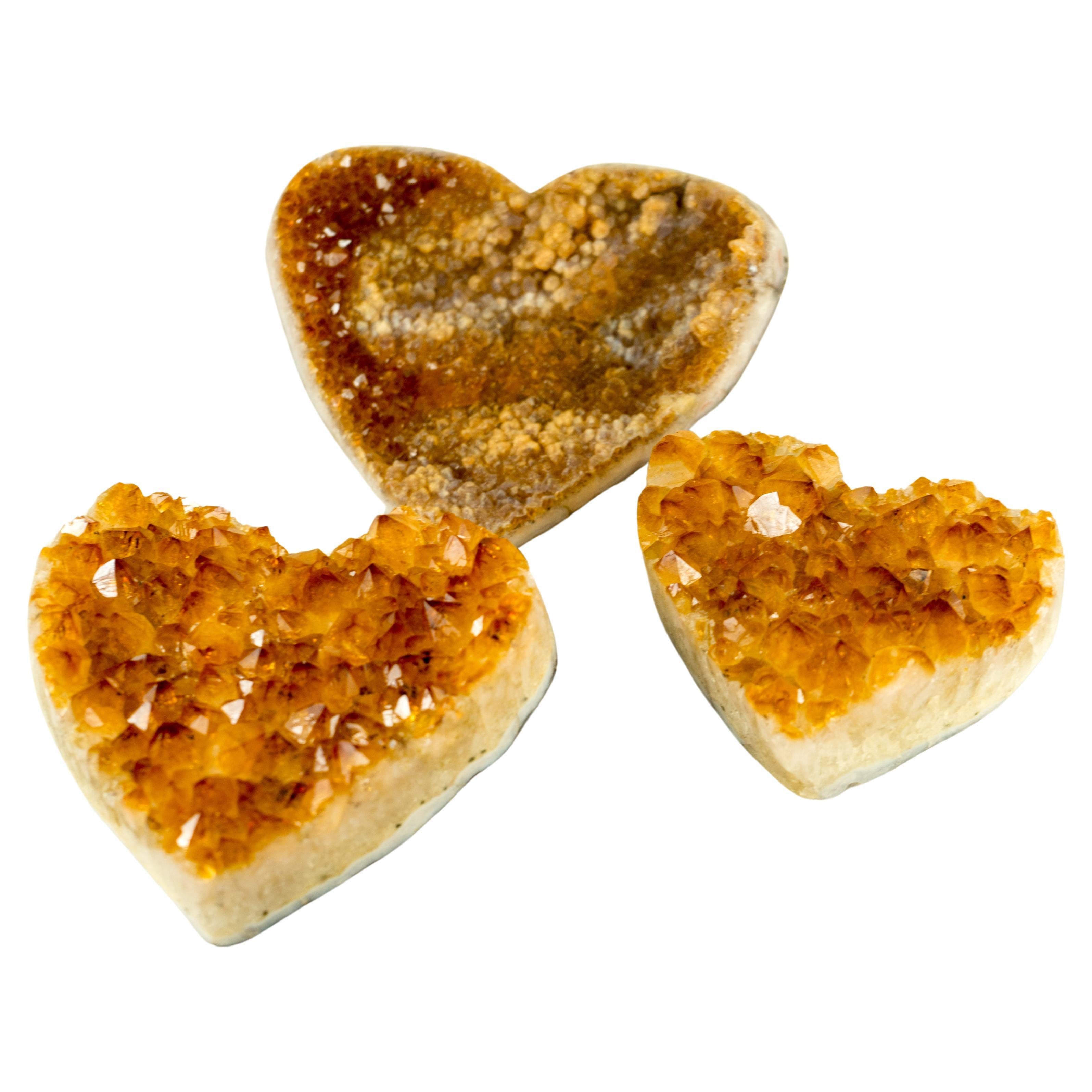 Set of 3 High-Grade Deep Orange Citrine Hearts, One with Galaxy Citrine Druzy