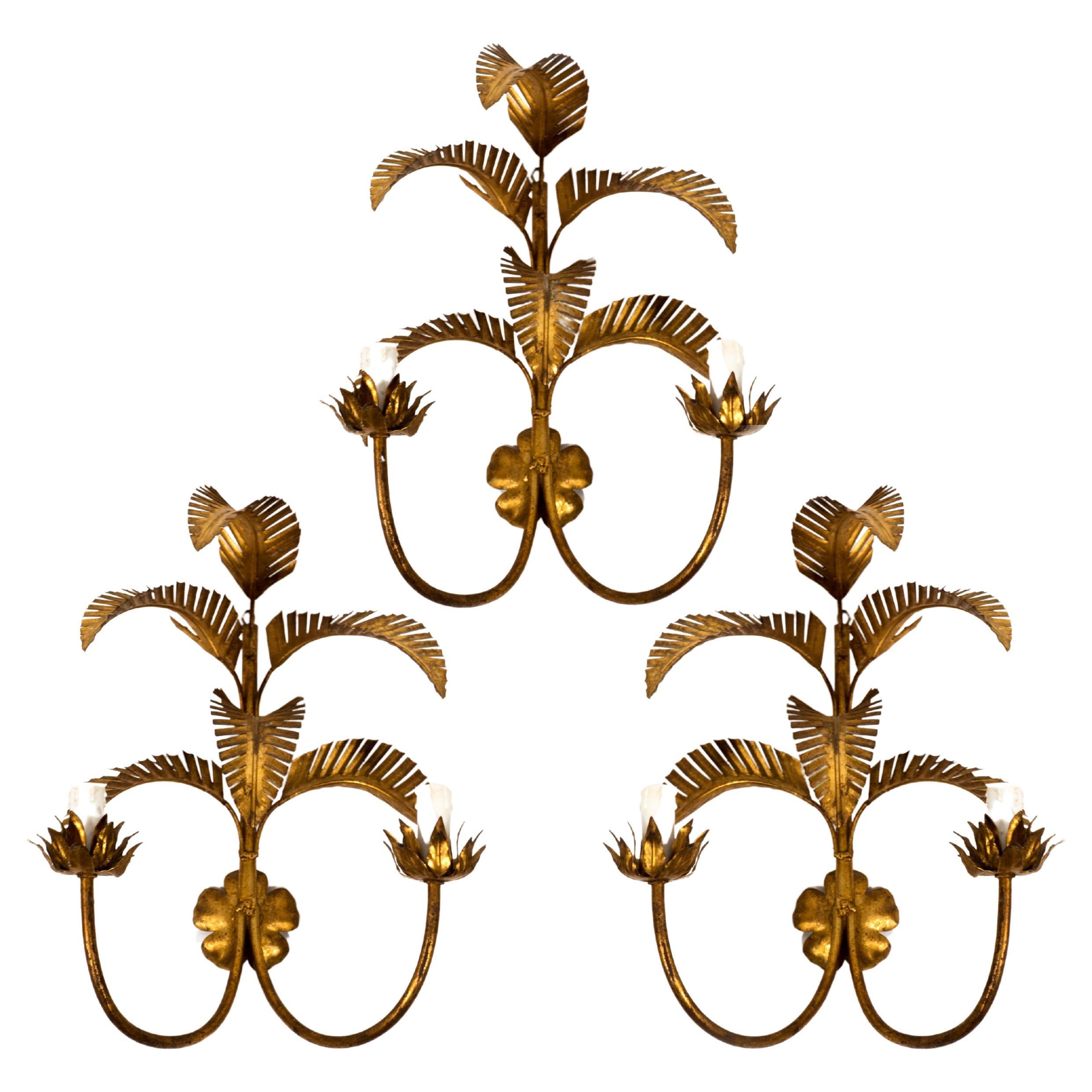 Set of 3 Hollywood Regency Gold Palm Wall Lights Vintage Sconces, Italy 1970s For Sale